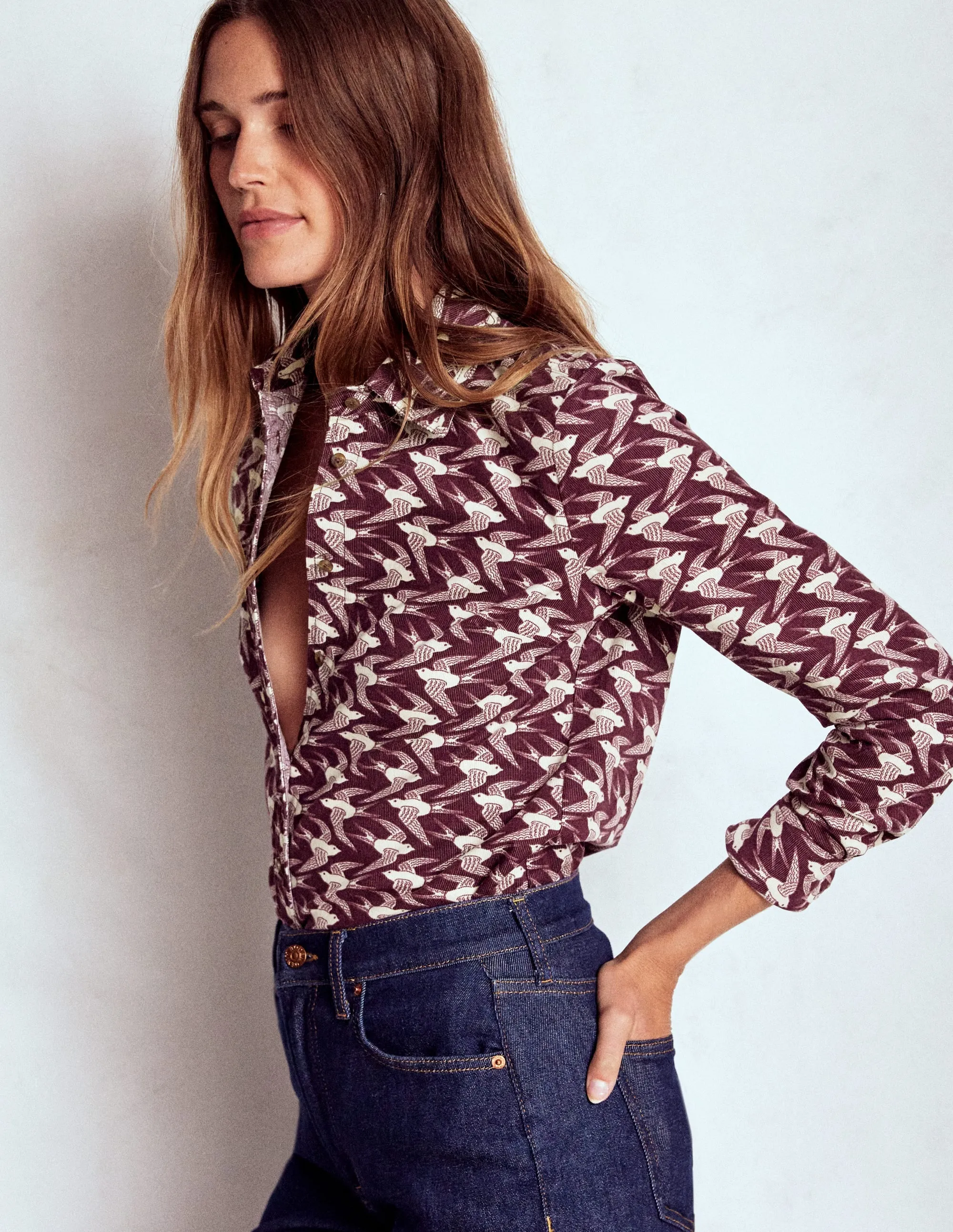 Classic Crew Neck Sienna Cord Shirt-Dark Cherry, Swooping Swallow