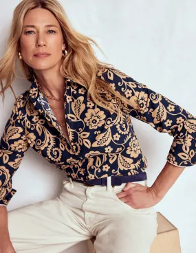 Sienna Cotton Shirt-French Navy, Ornate Flora Quick Dry Material AntiStaticFinish