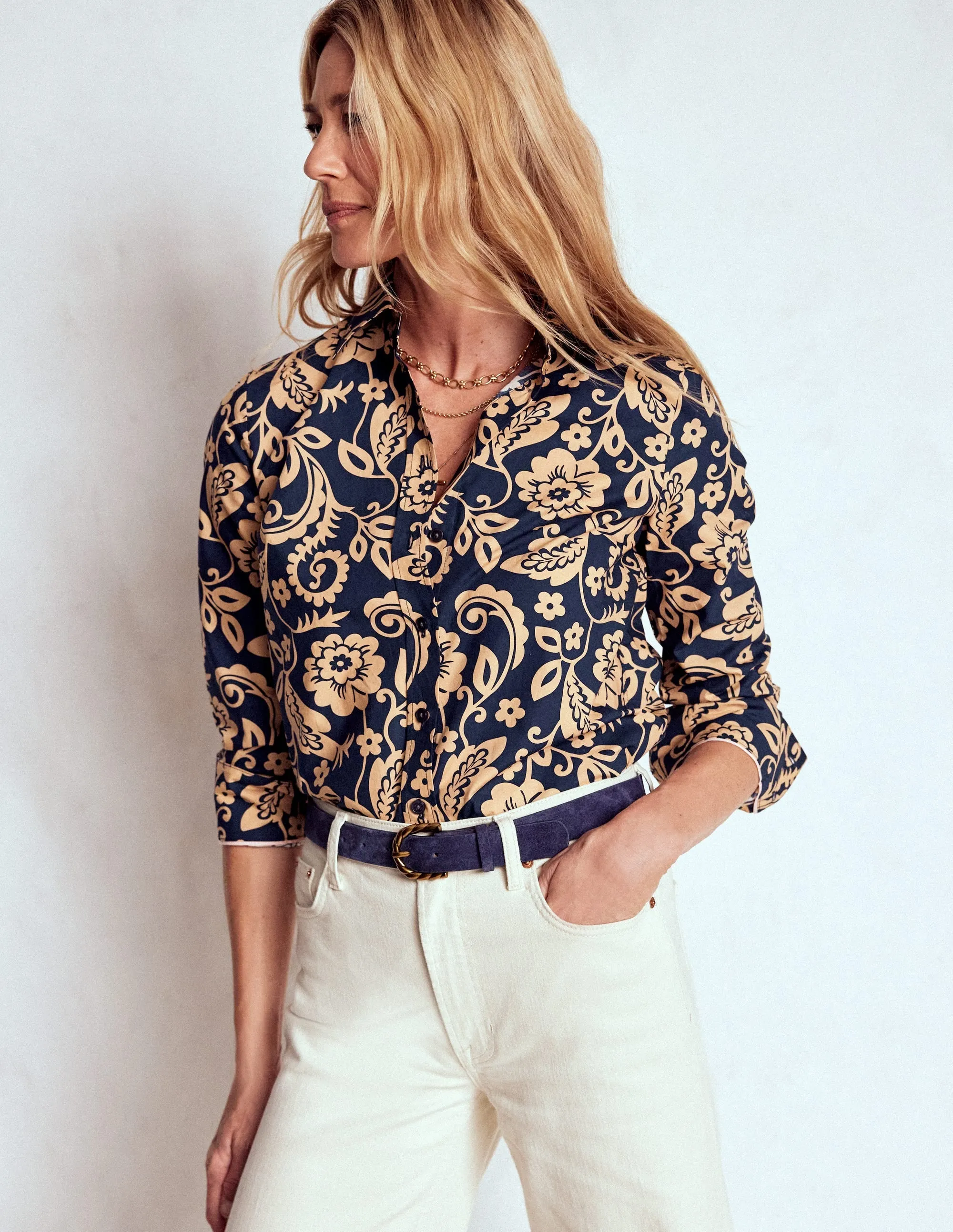 Sienna Cotton Shirt-French Navy, Ornate Flora LayeredPanel