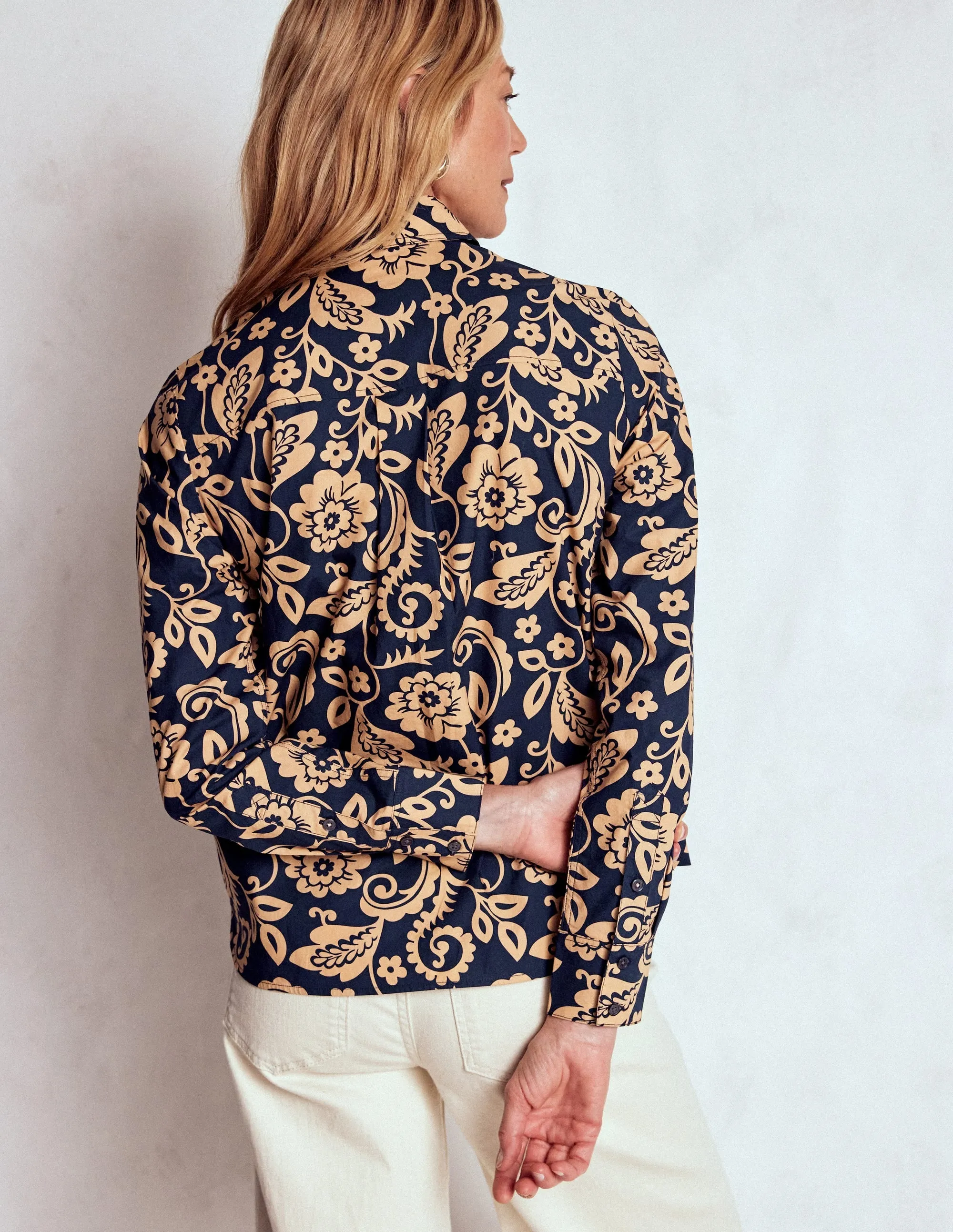 Sienna Cotton Shirt-French Navy, Ornate Flora Contrast Stitch Detail Fray Resistant Edges