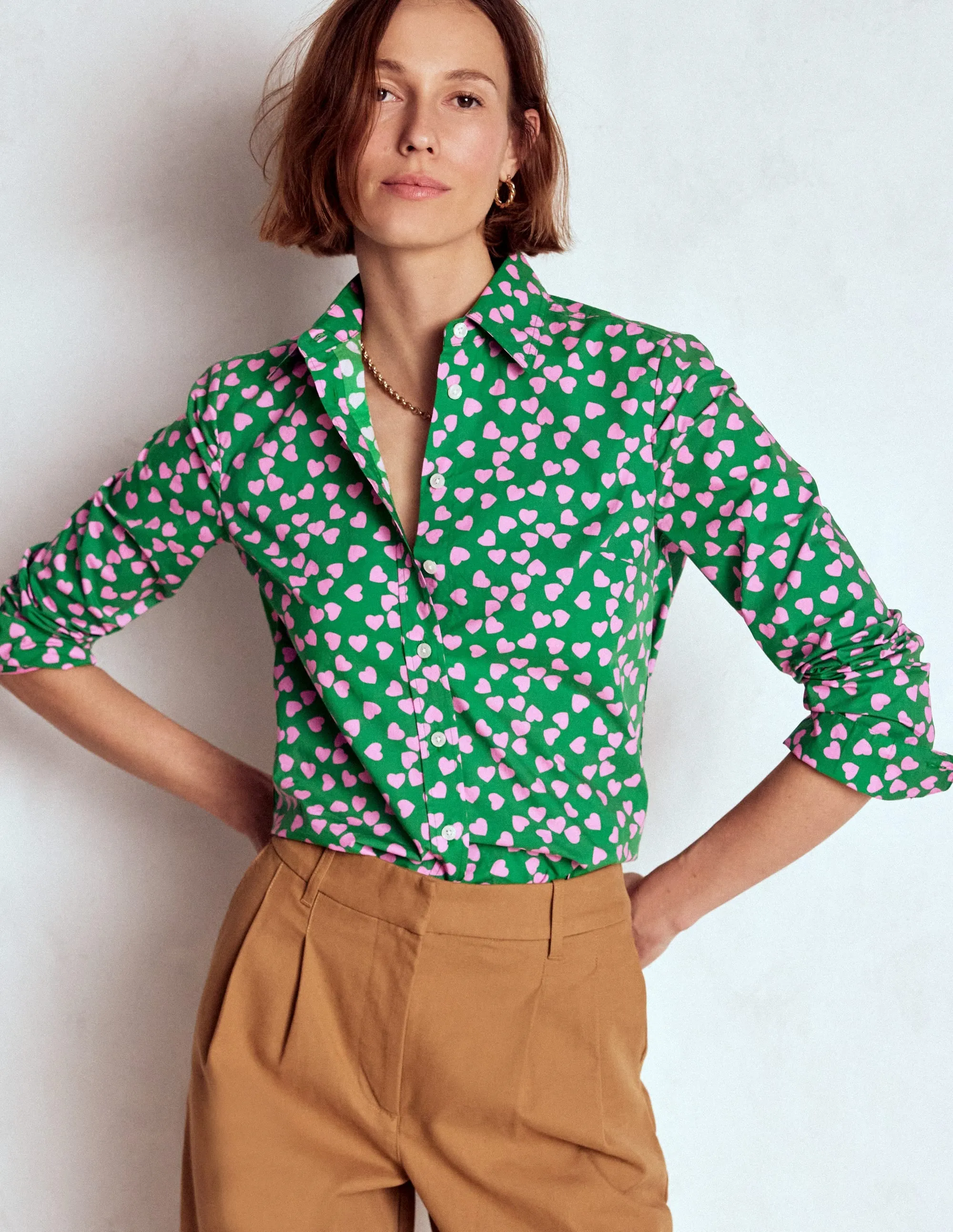 BambooBlend Contrast Stitch Detail Sienna Cotton Shirt-Highland Green, Heart Cascade