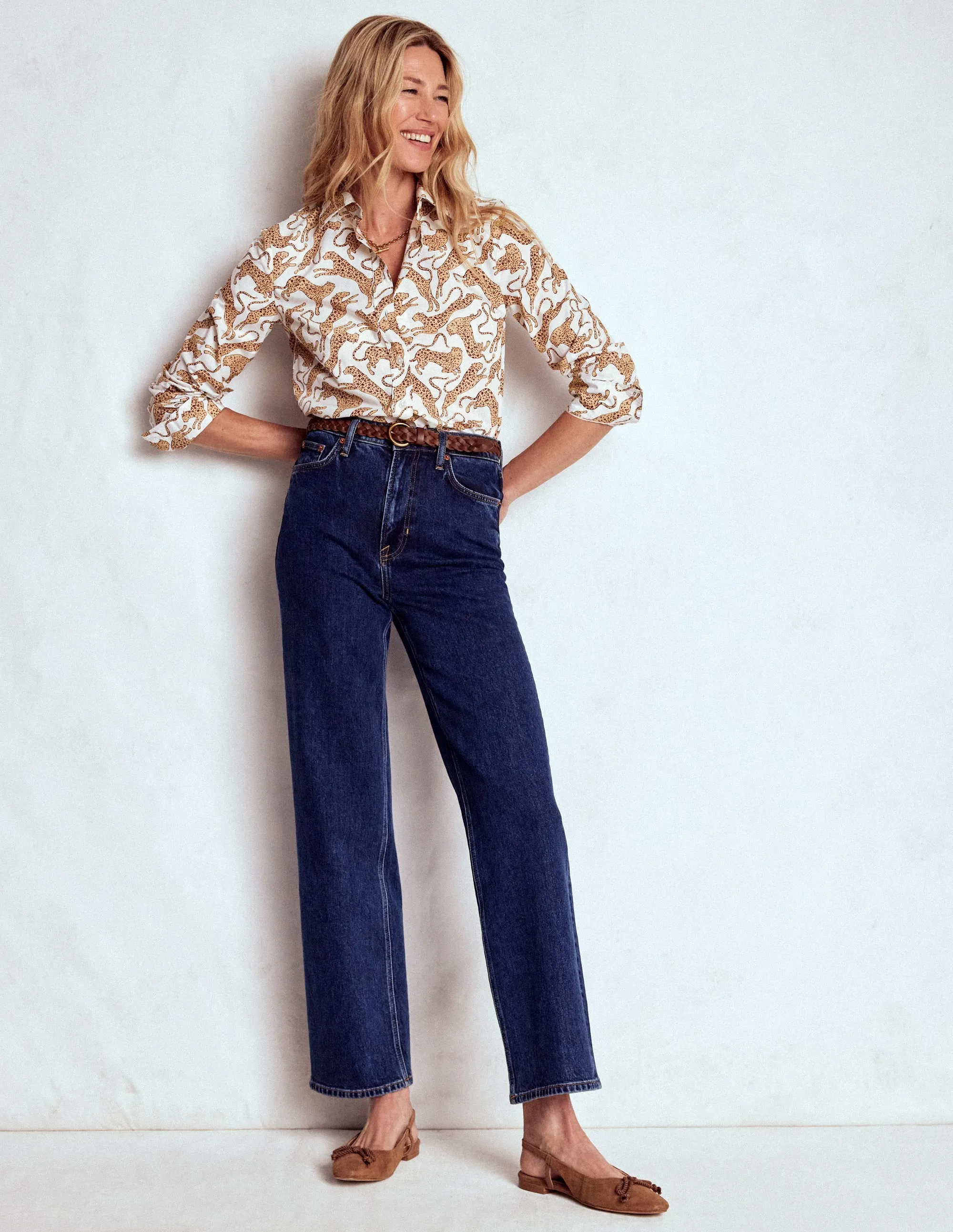 Durable Hem Stitching PlushLining Sienna Cotton Shirt-Ivory, Leaping Leopard