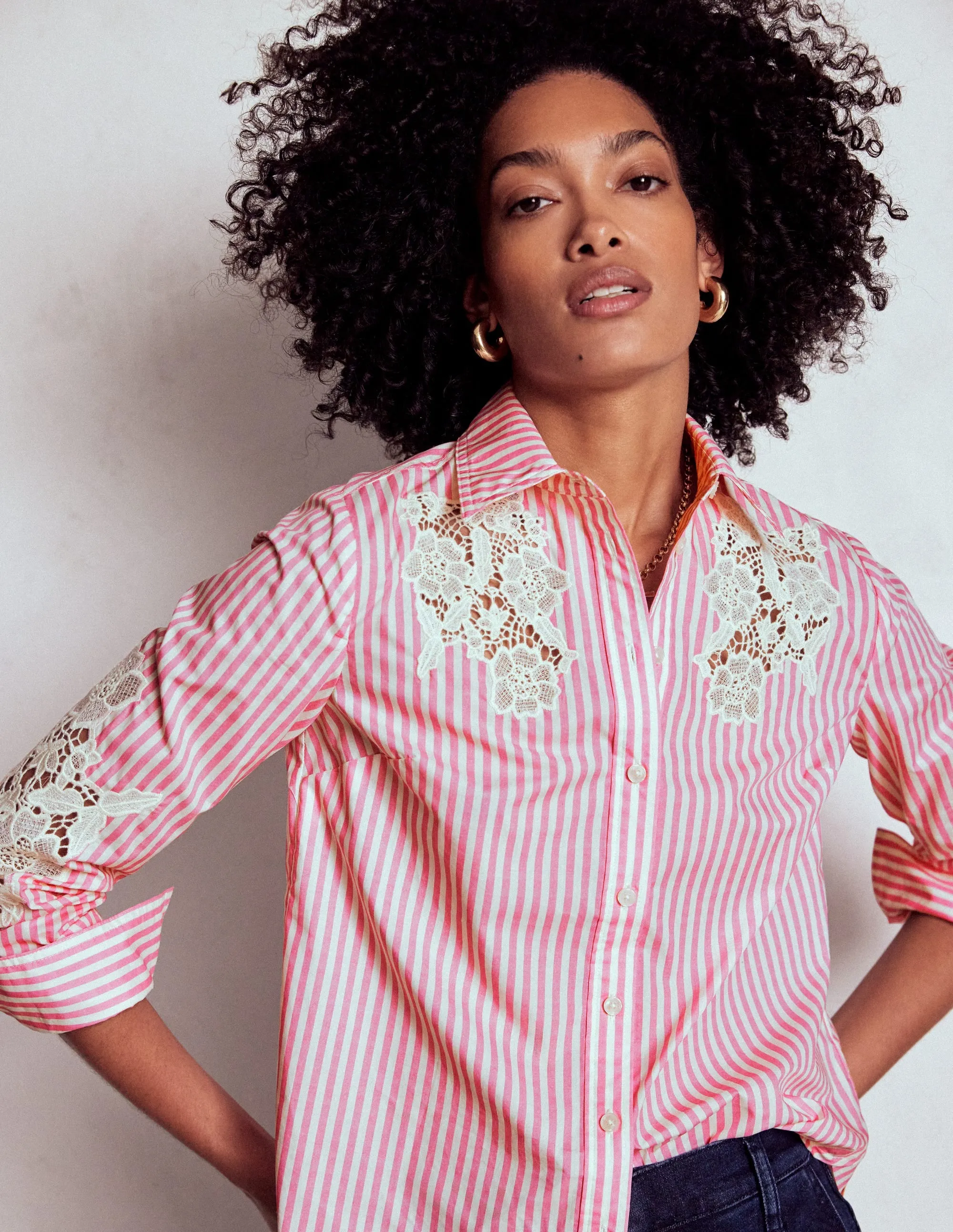 FlexibleRibbing Sienna Interest Cotton Shirt-Pink and Ivory Cutwork Stripe