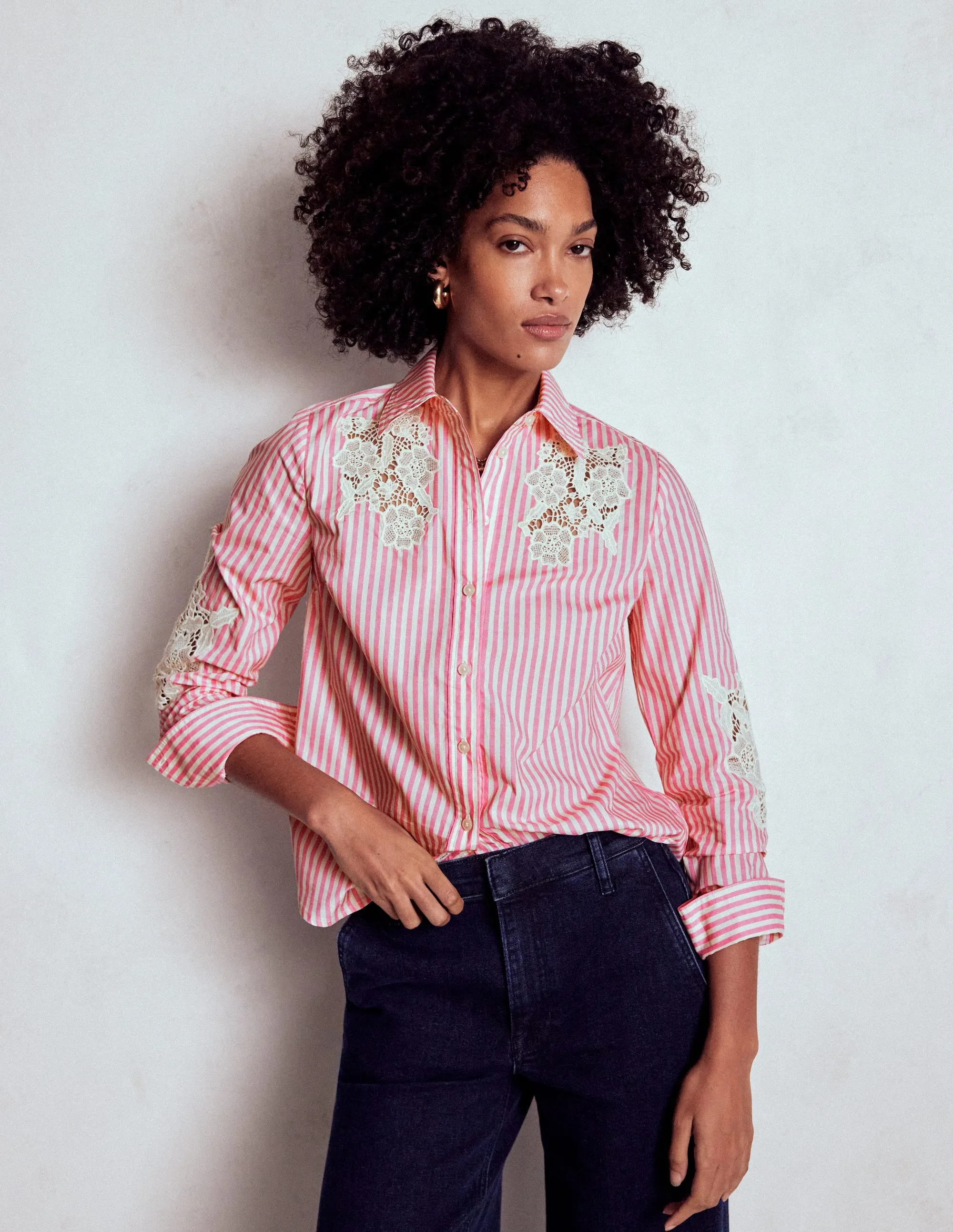Sienna Interest Cotton Shirt-Pink and Ivory Cutwork Stripe EasyCare Fabric