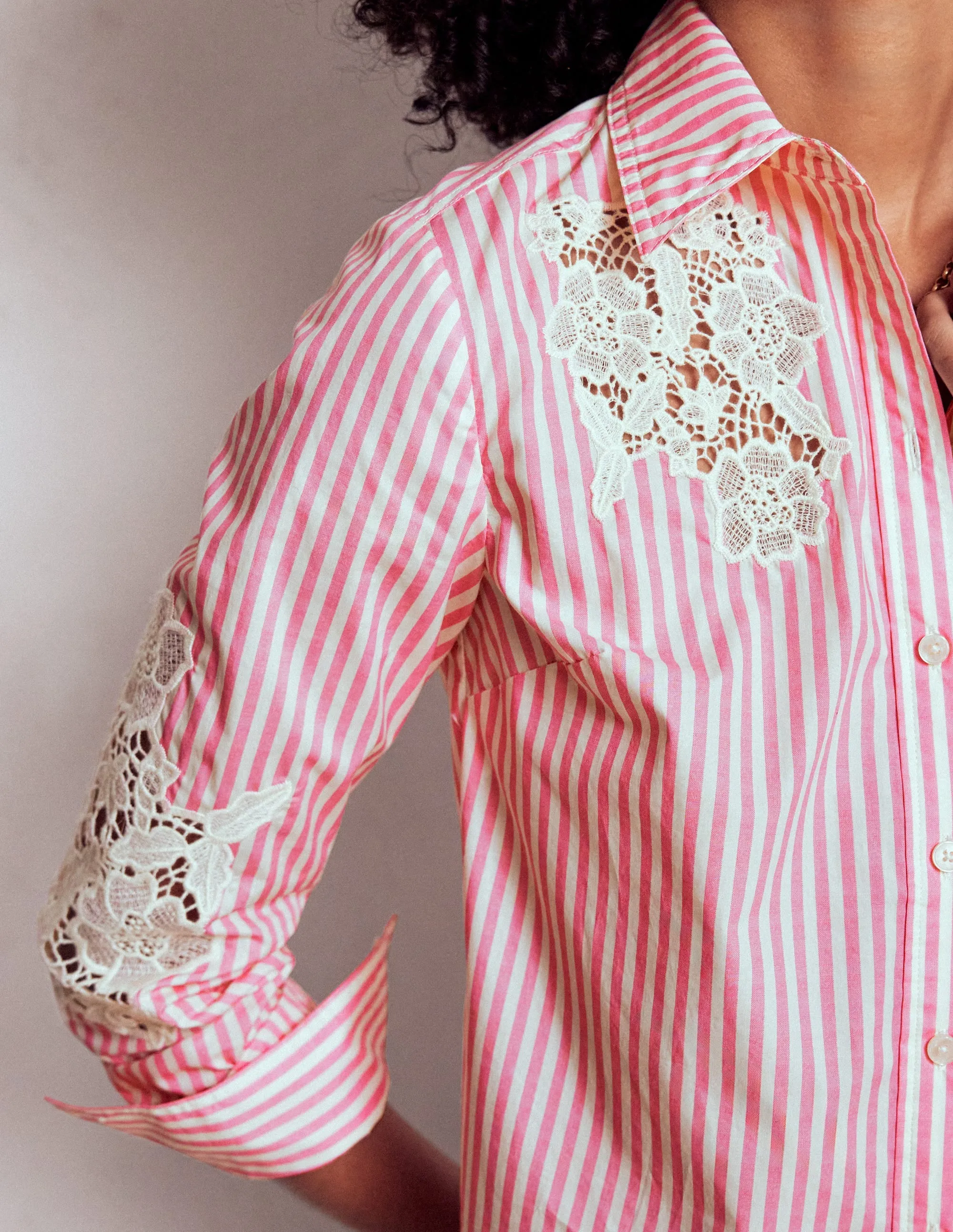Sienna Interest Cotton Shirt-Pink and Ivory Cutwork Stripe Reinforced Buttonholes Winter Wardrobe