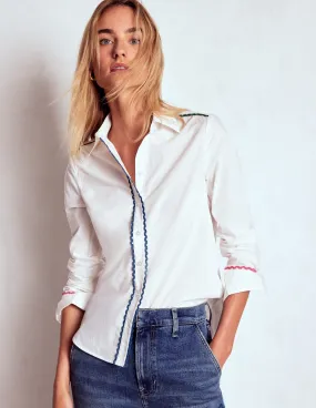 Sienna Interest Cotton Shirt-White, Multi Trim FlatlockStitching Fashionable Shirt