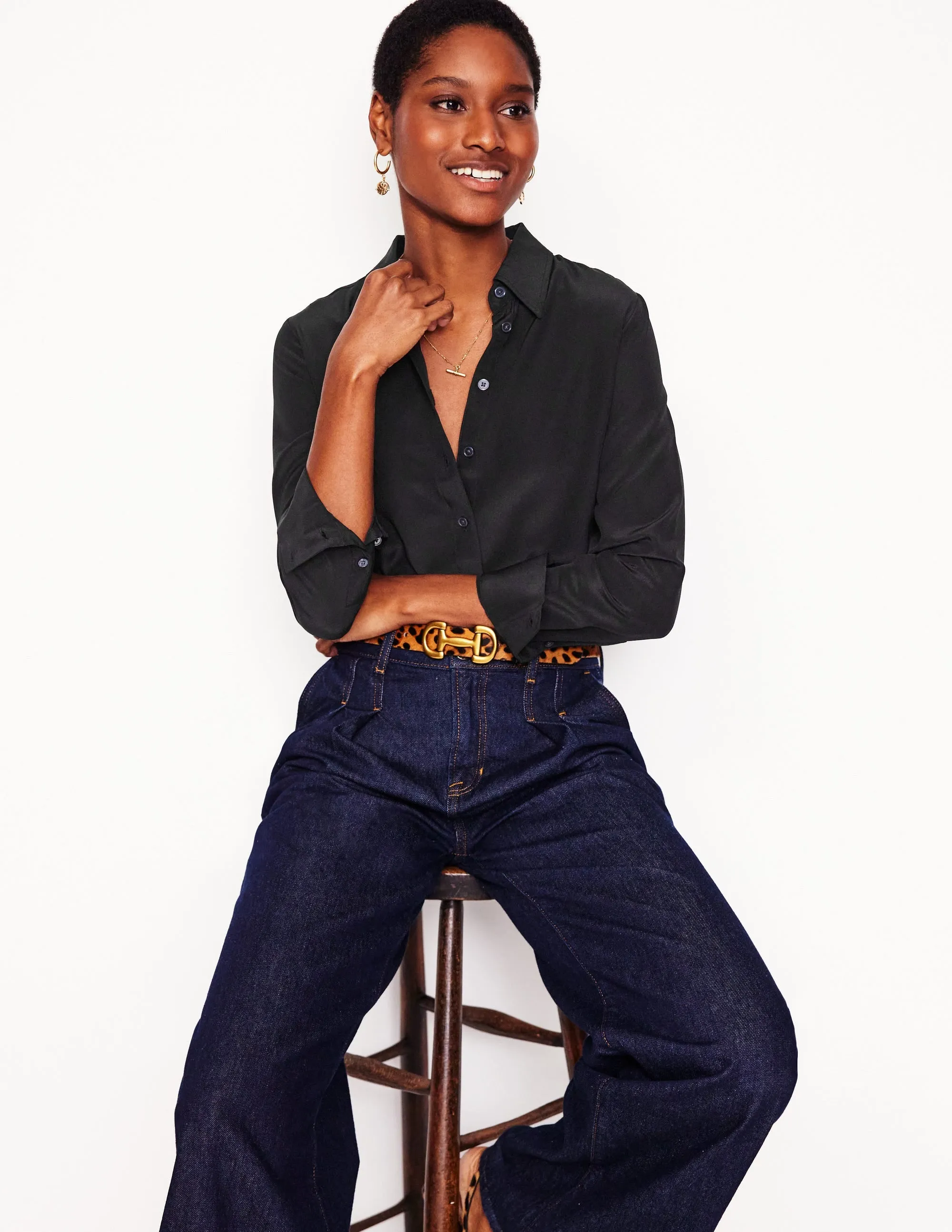 Mesh Panel Details Reinforced Buttonholes Sienna Silk Shirt-Black