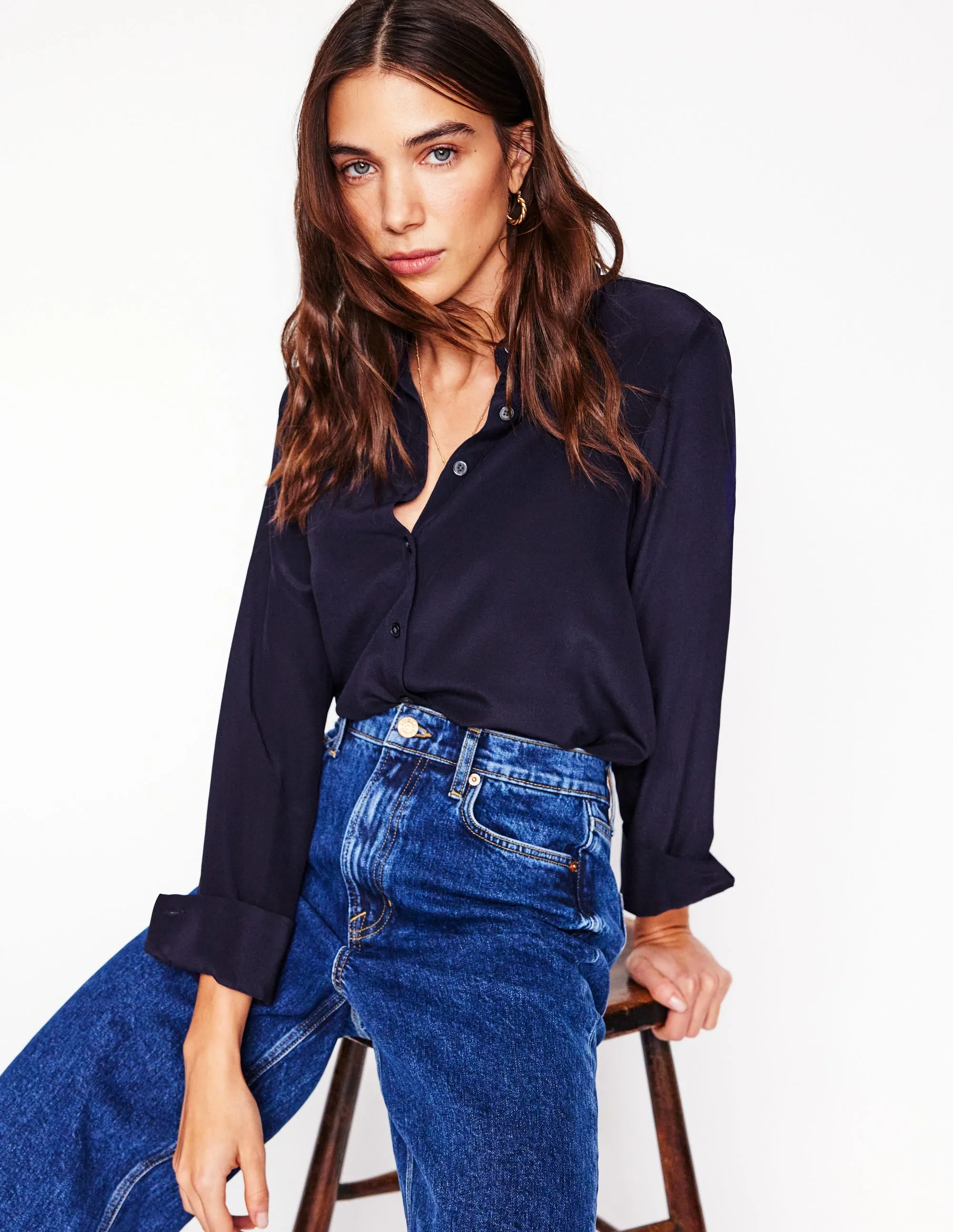 Office Wear Sienna Silk Shirt-Navy