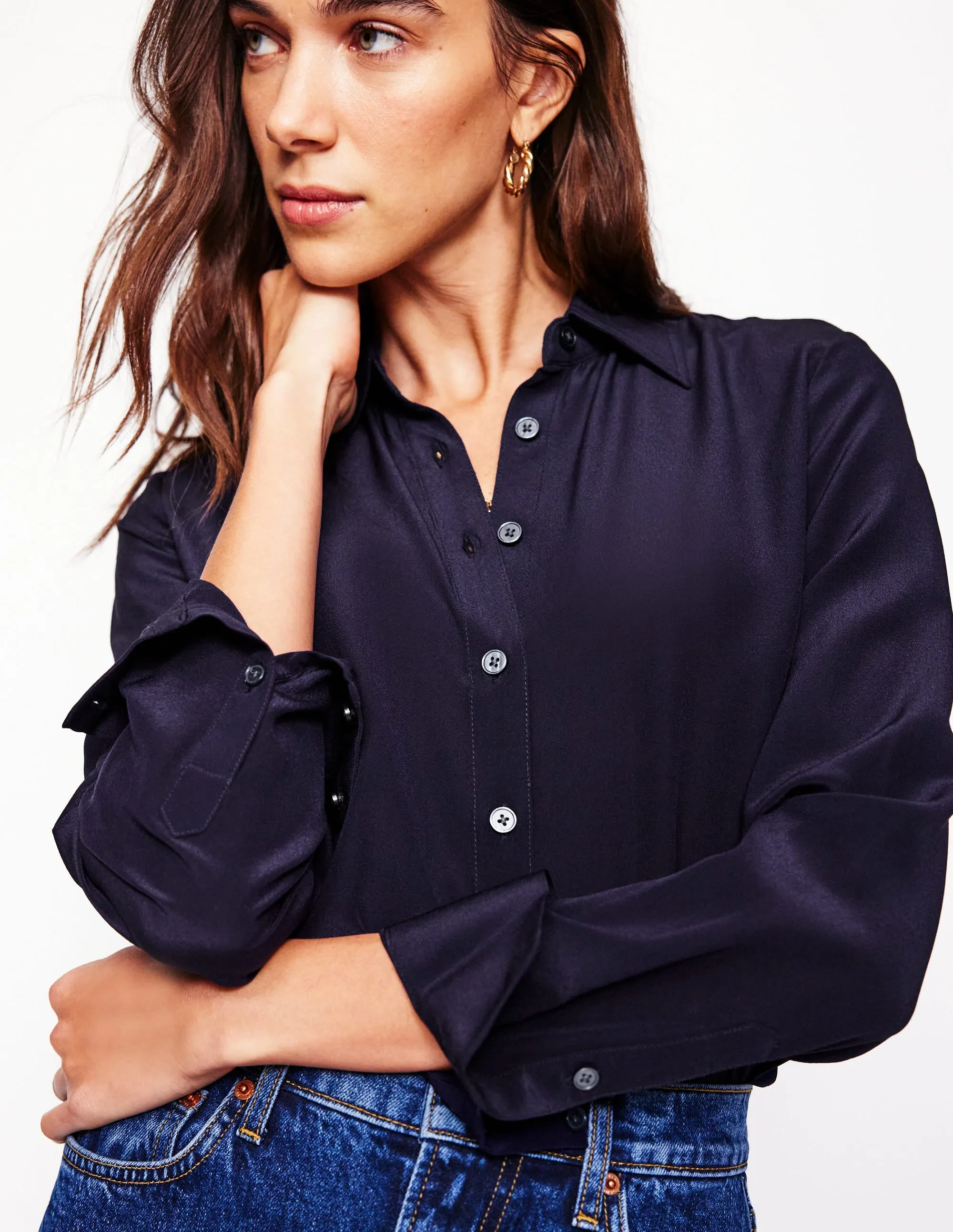 Sienna Silk Shirt-Navy RibbedTrim Smooth Stitching