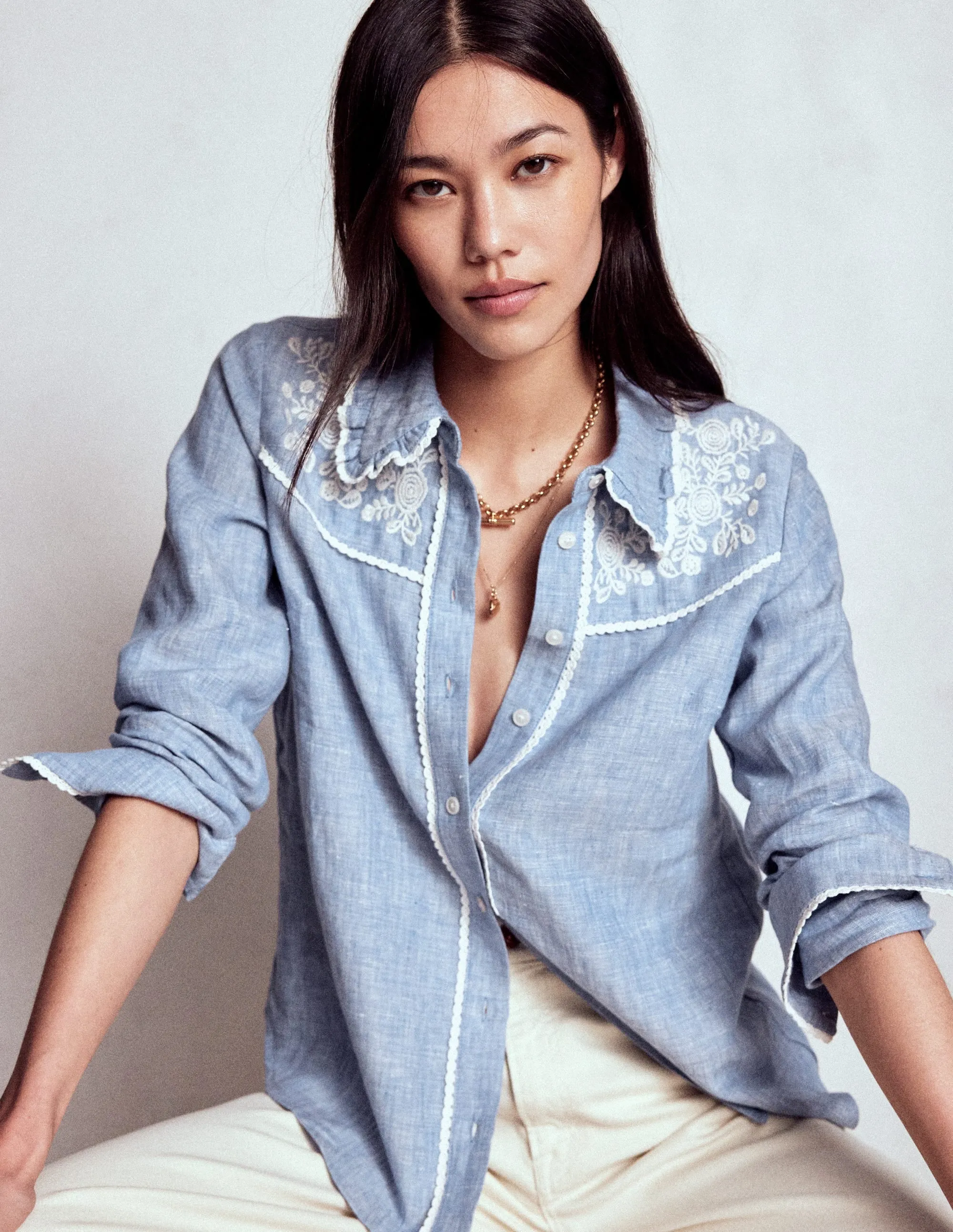 TaglessNecklineComfort V Neck Design Sienna Western Shirt-Chambray