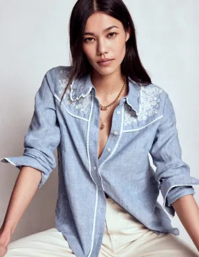 TaglessNecklineComfort V Neck Design Sienna Western Shirt-Chambray