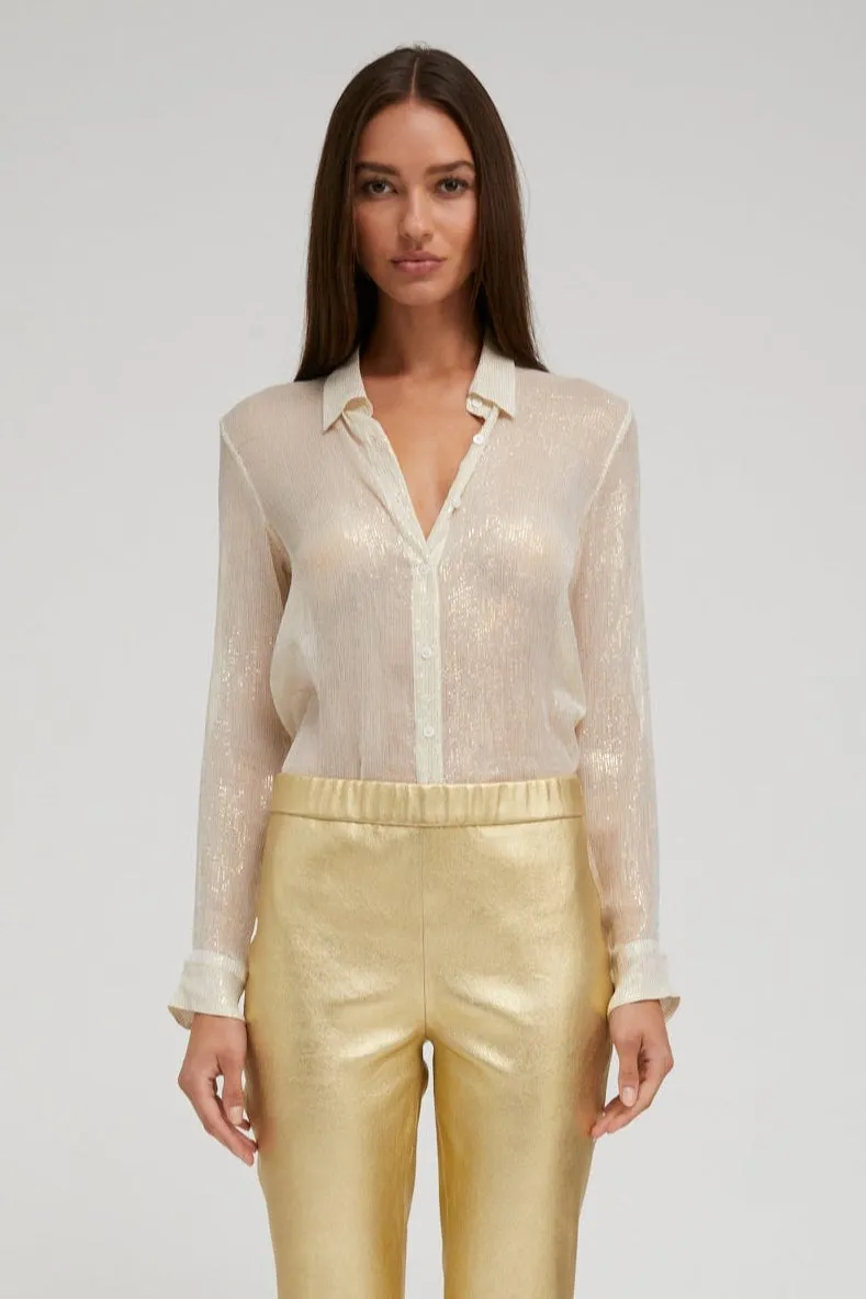 FrictionResistant Fabric Off White & Gold Silk Fitted Button Down