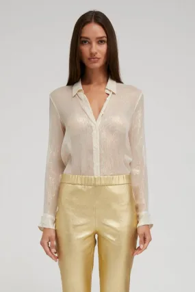 FrictionResistant Fabric Off White & Gold Silk Fitted Button Down