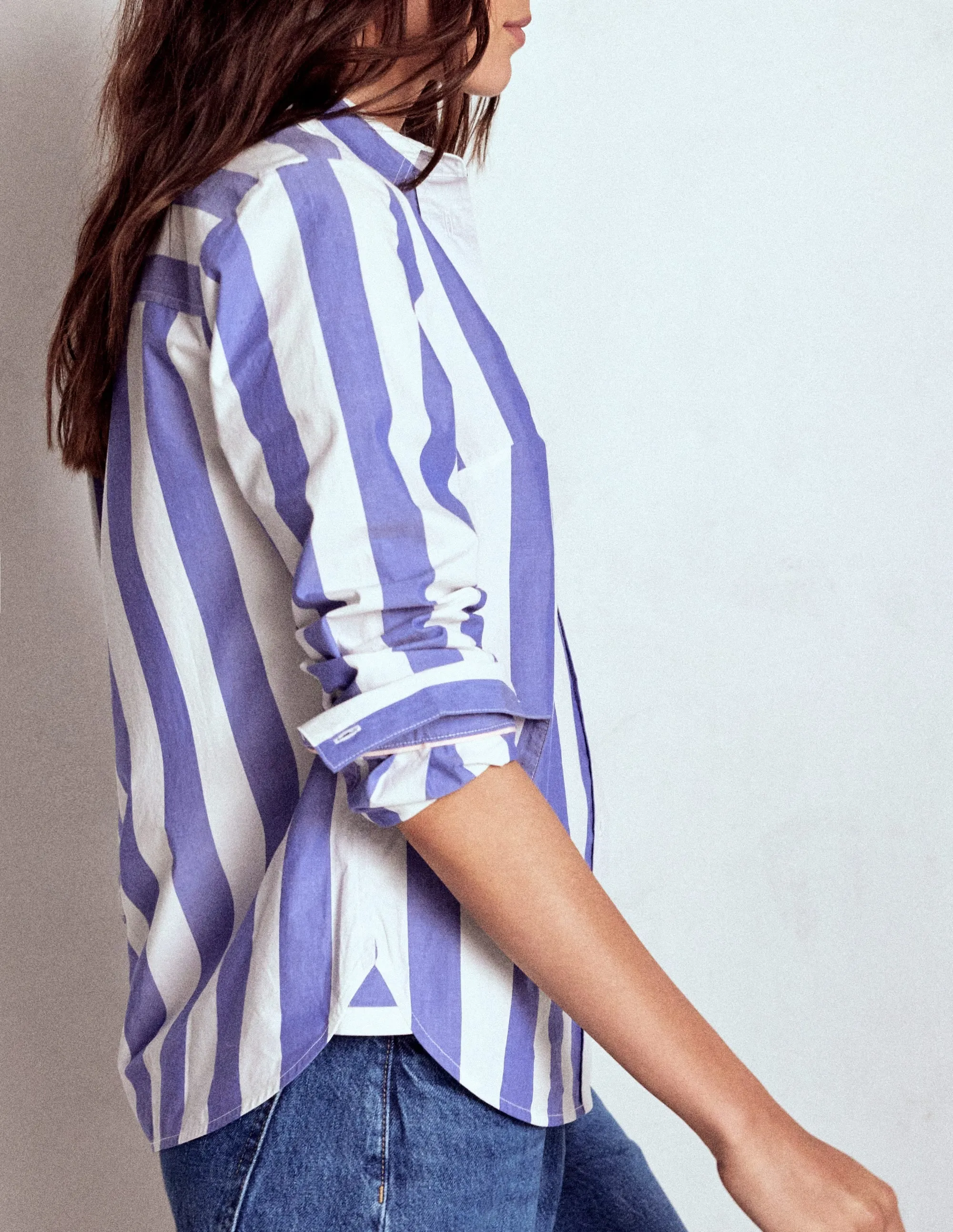 Rolled Hem Detailing GarmentDyed Sienna Cotton Shirt-Bright Blue and Ivory Stripe