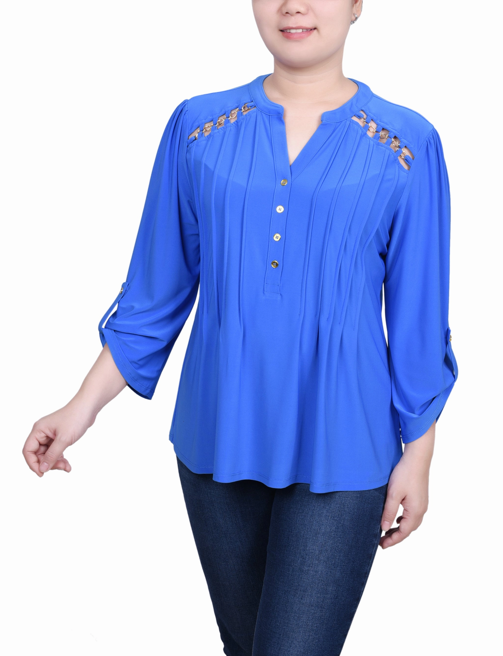 AntiMicrobialLining Long Sleeve Pintuck Front Top With Chain Details