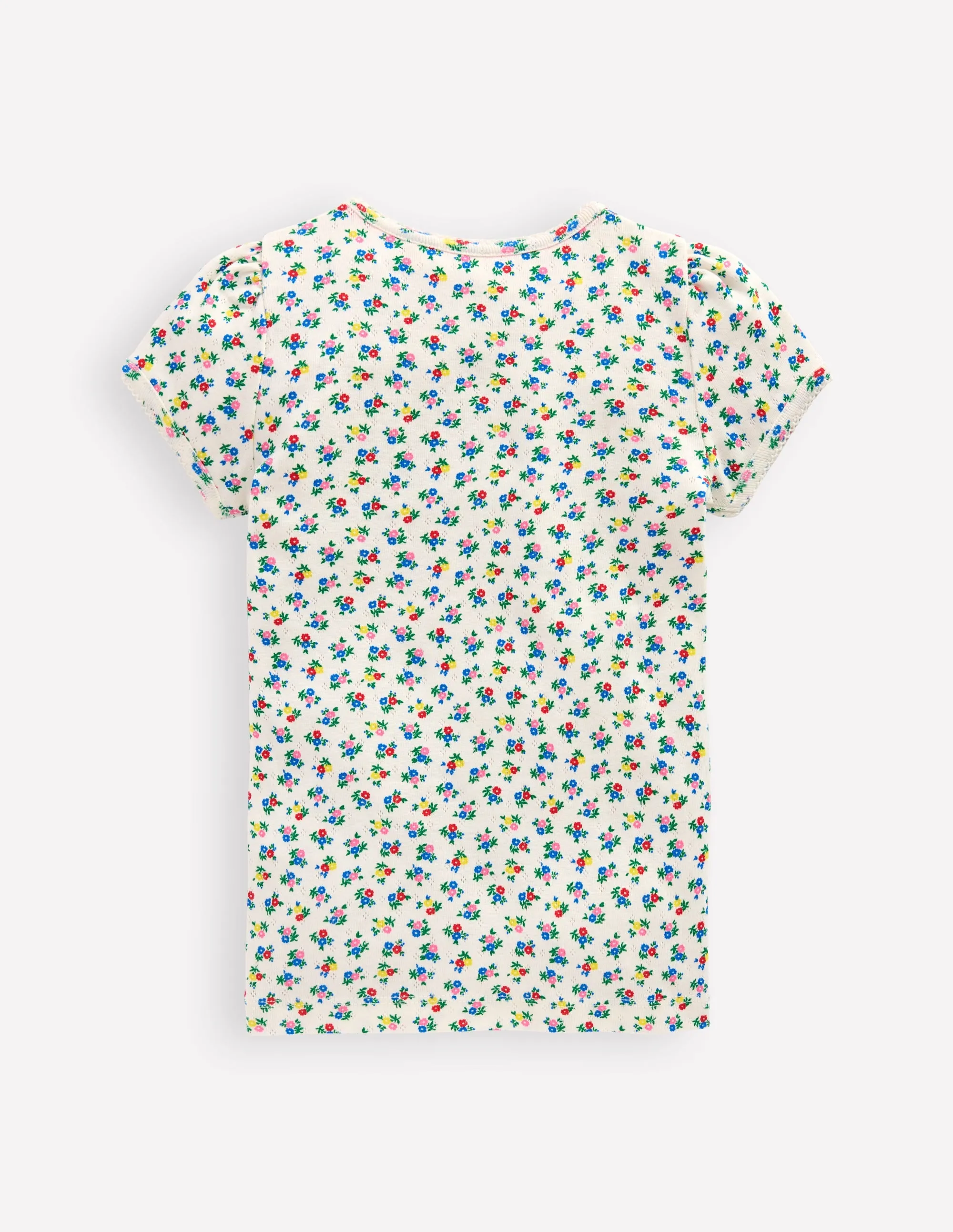 Non Restrictive Silhouette Short Sleeve Pointelle Top-Soft Ivory Ditsy Floral