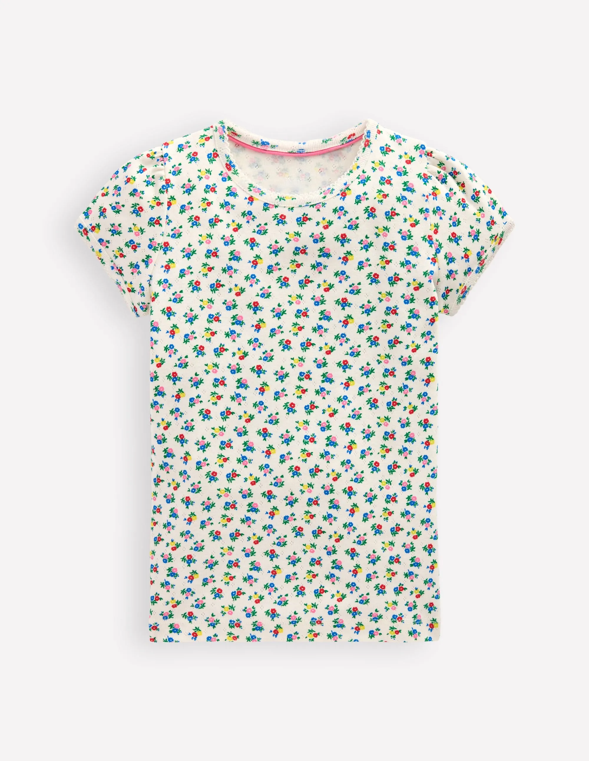 Stylish and Easygoing Sustainable Packaging Short Sleeve Pointelle Top-Soft Ivory Ditsy Floral
