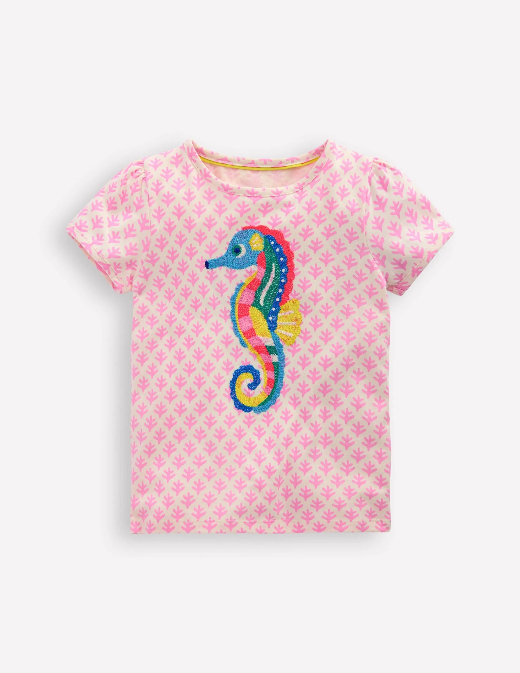 All-Purpose Comfort Puff Sleeve Superstitch Top-Pink Woodblock Seahorse