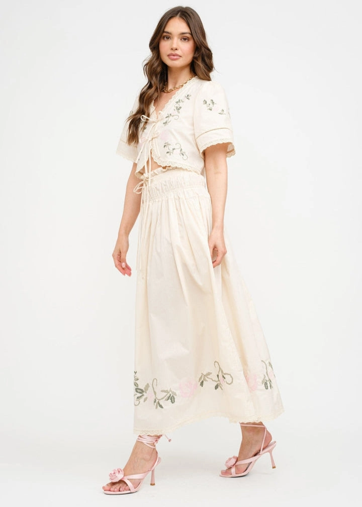 Detachable Tie Modern Look SIVAN FLORAL EMBROIDERED MIDI SKIRT