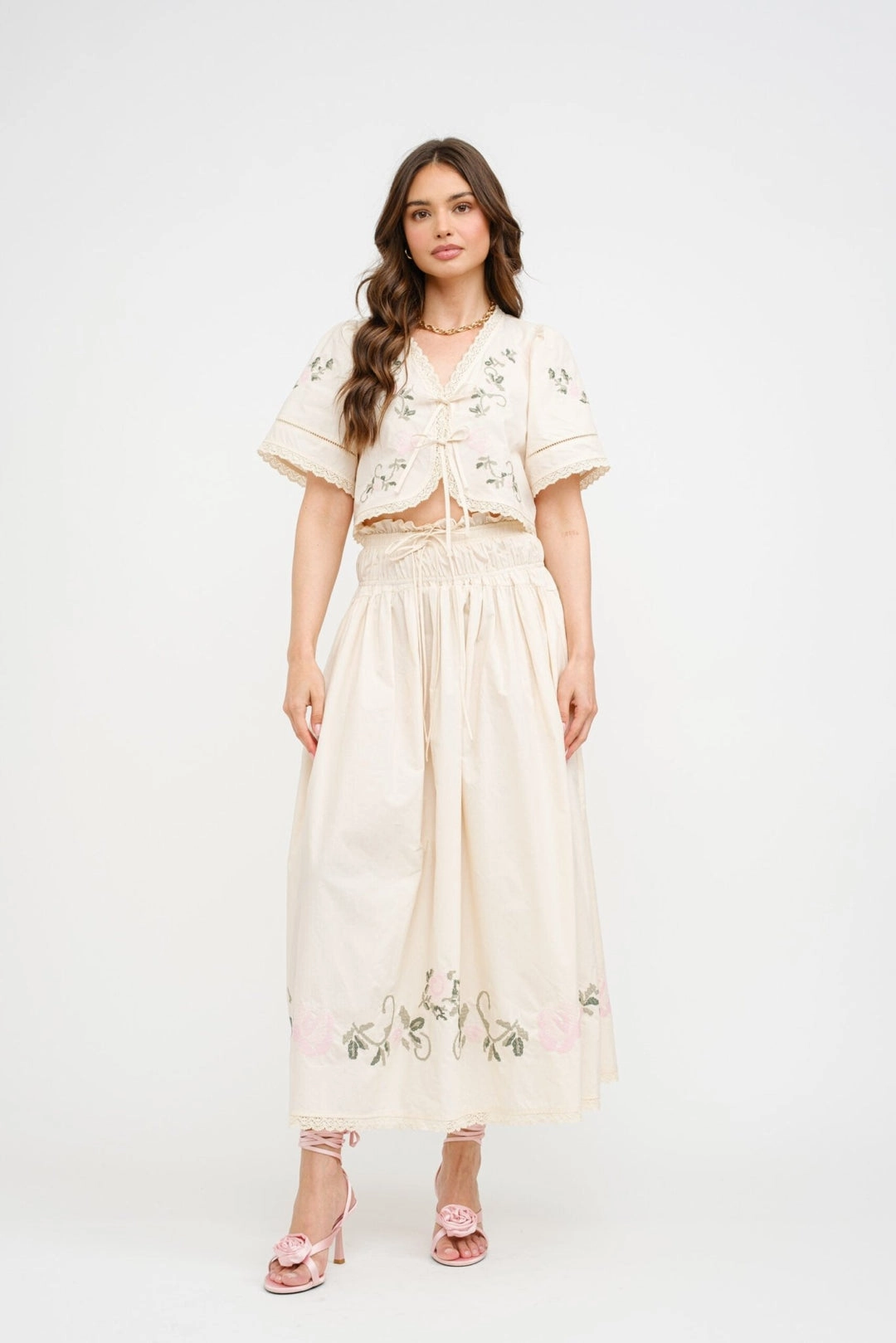 SIVAN FLORAL EMBROIDERED MIDI SKIRT Side Slit Casual Comfort