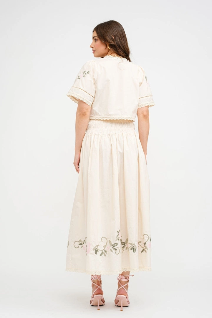 Material Innovation SIVAN FLORAL EMBROIDERED MIDI SKIRT