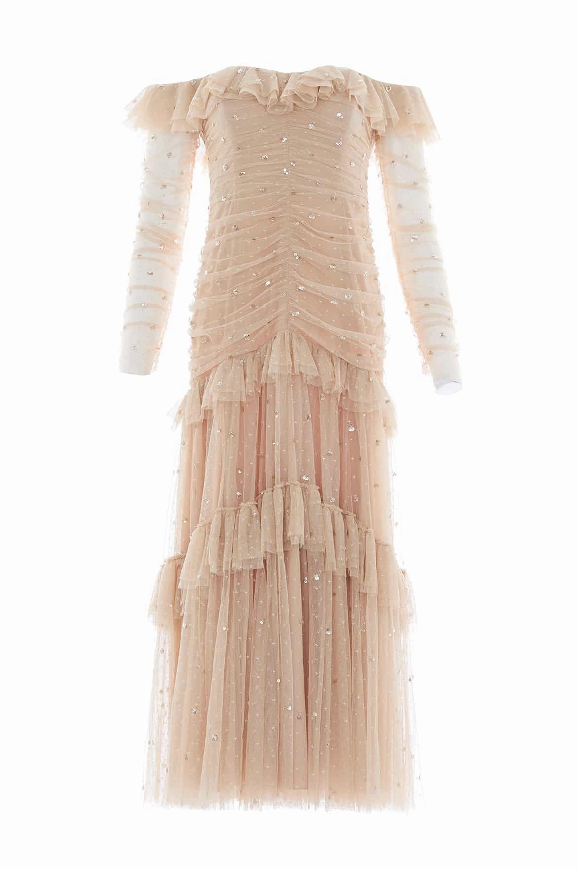 Sequin Glimmer Rouched Off-Shoulder Gown Soft Movement Cozy Layers