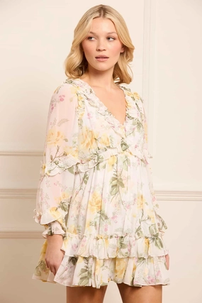 Relaxed outdoor dress Chic Ensemble Rose Chiffon Long Sleeve Micro Mini Dress