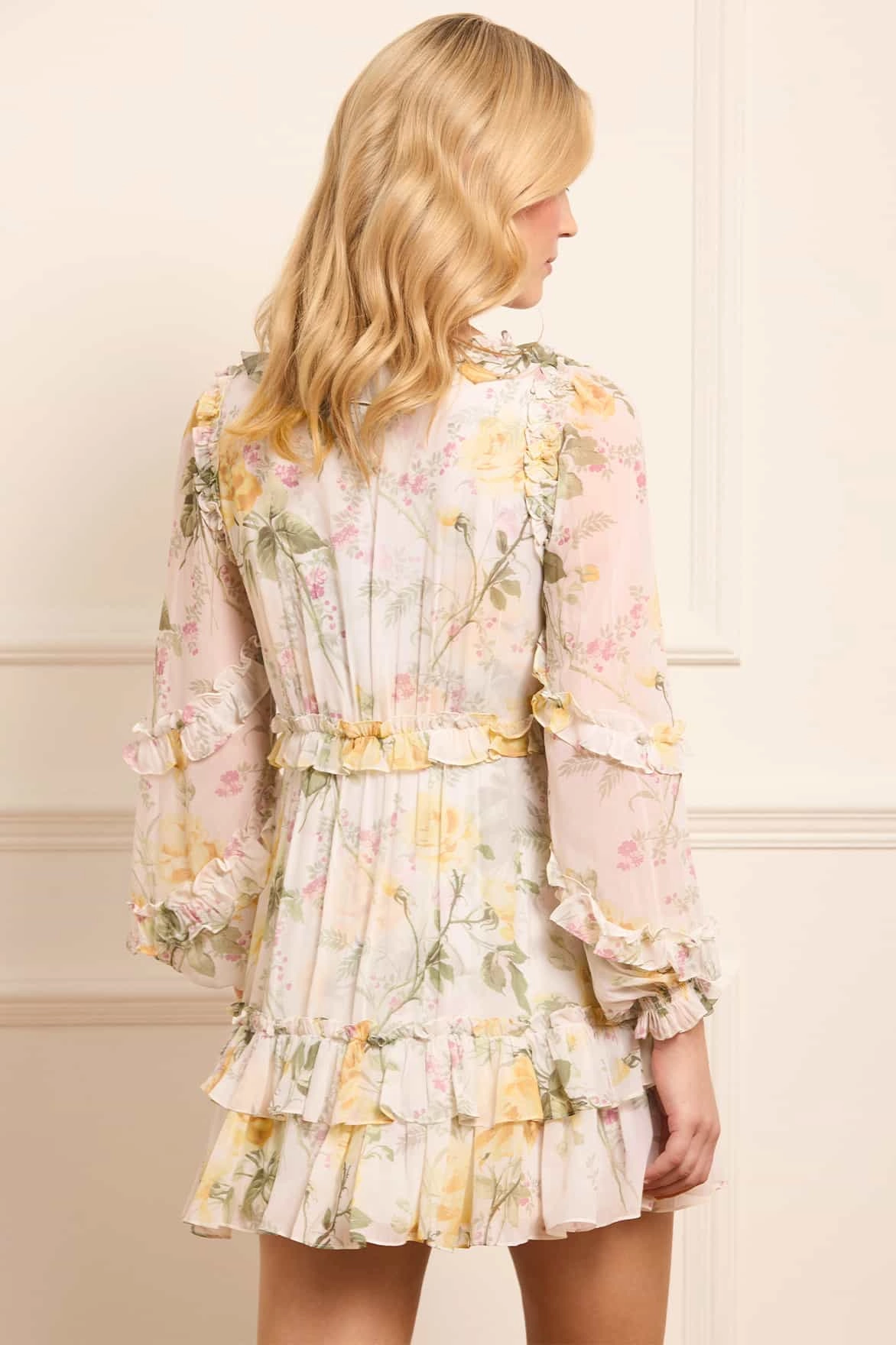 Rose Chiffon Long Sleeve Micro Mini Dress Textured Layers Low Key