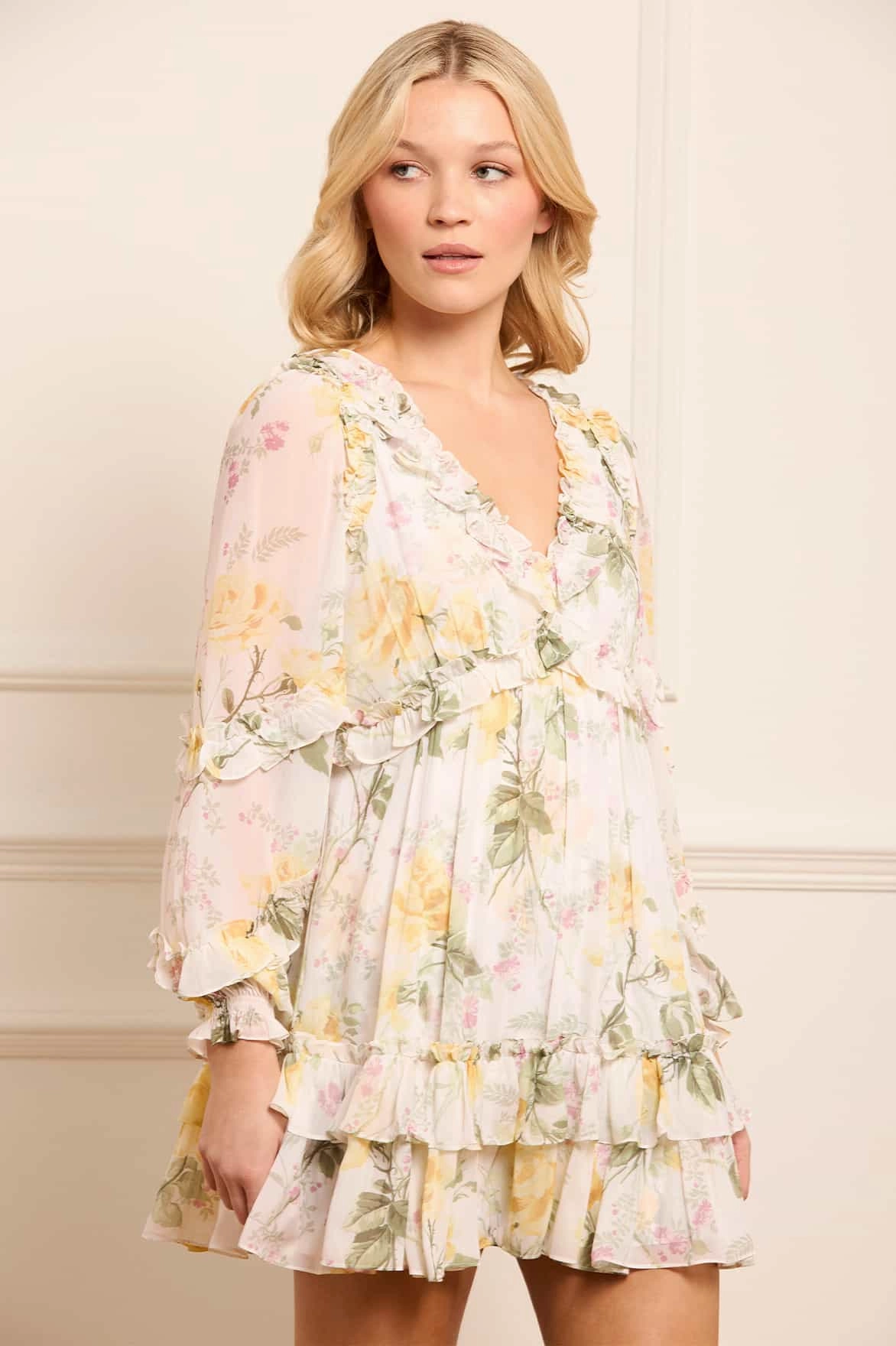 Relaxed outdoor dress Chic Ensemble Rose Chiffon Long Sleeve Micro Mini Dress