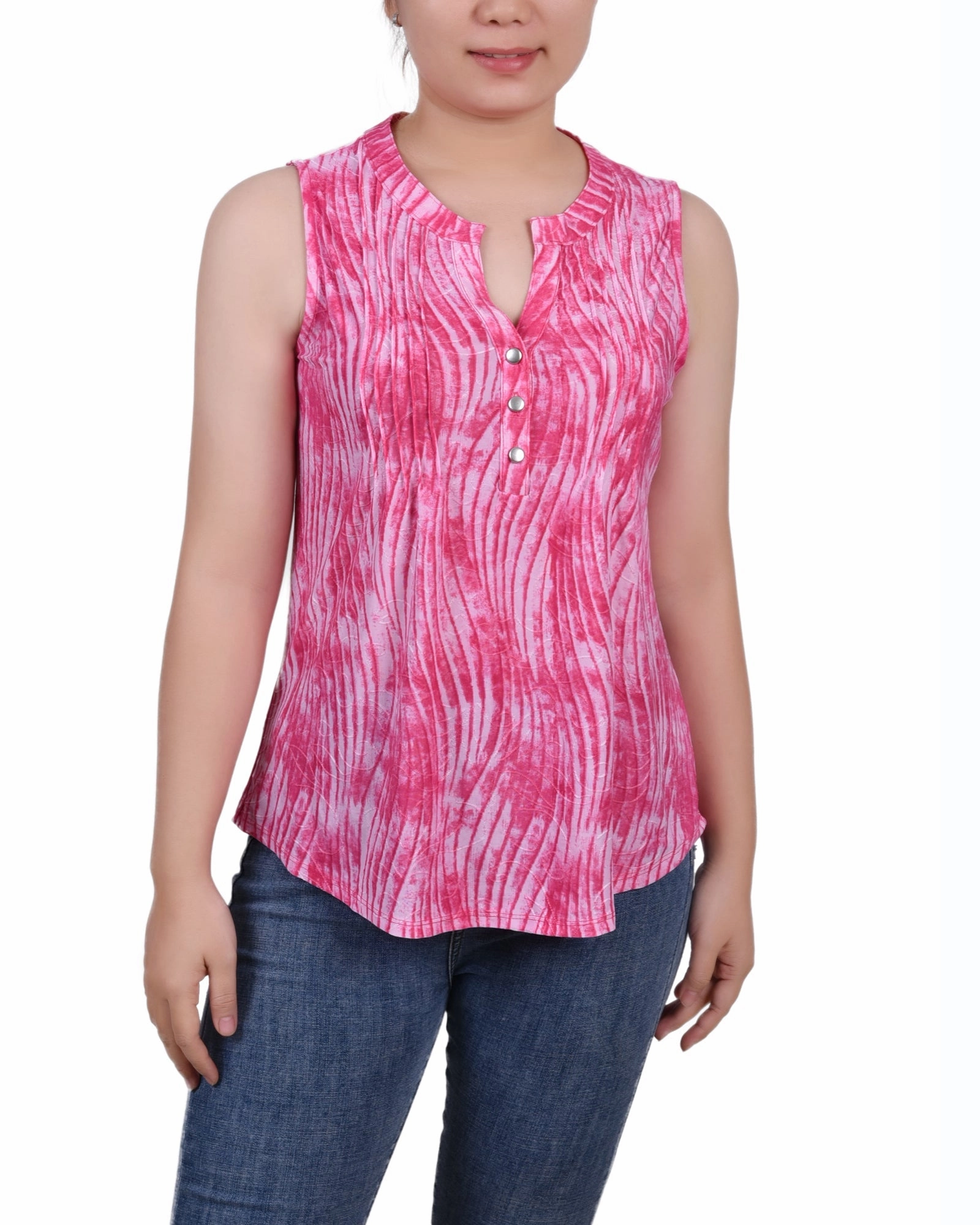 Sleeveless Jacquard Y Neck Top Quick Access Pockets