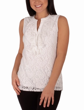 Sleeveless Lace Ruffle Front Y Neck Top Lightweight Weave Comfortable Style