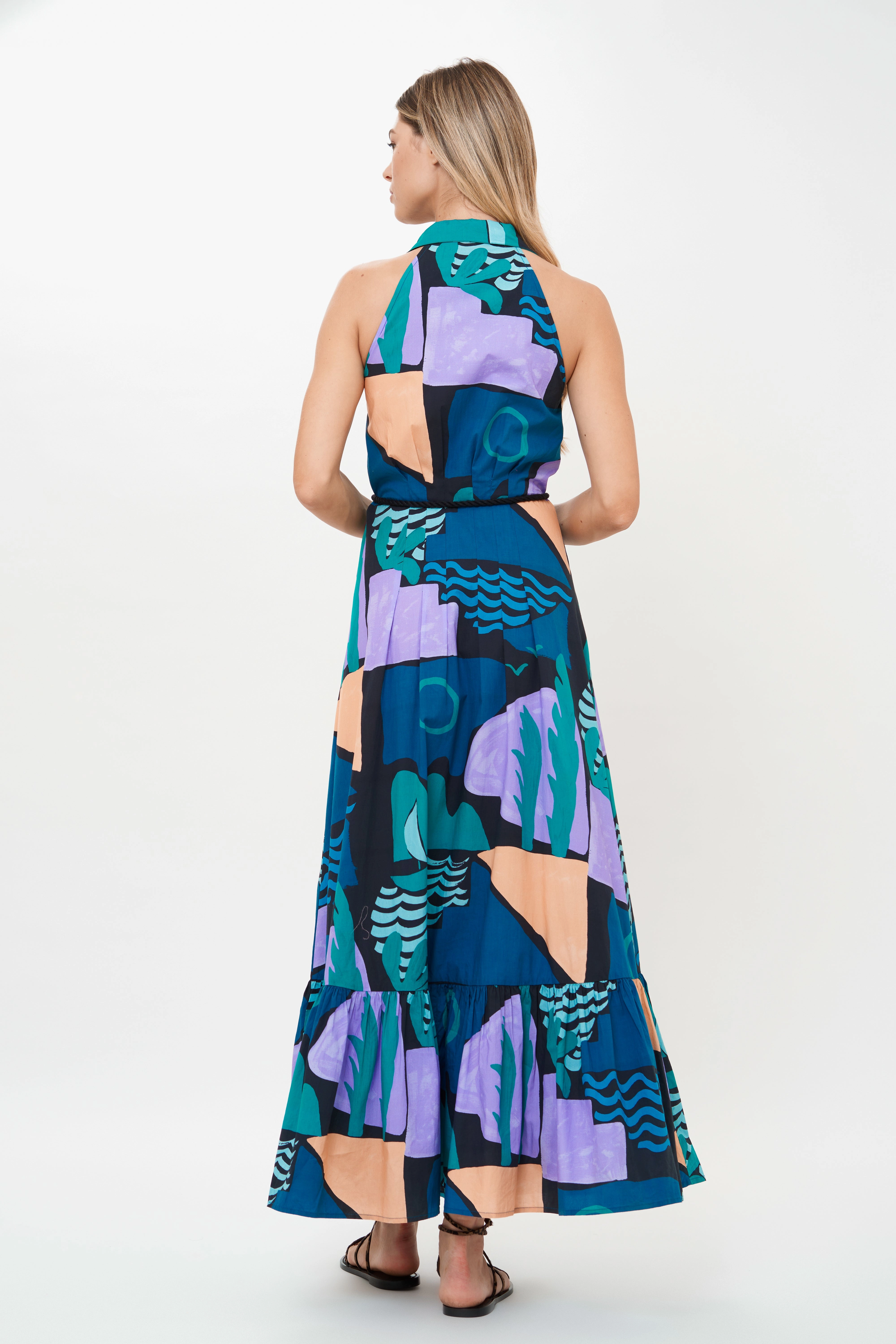 Sleeveless Shirt Dress Maxi Riviera Blue Waist-Cinching