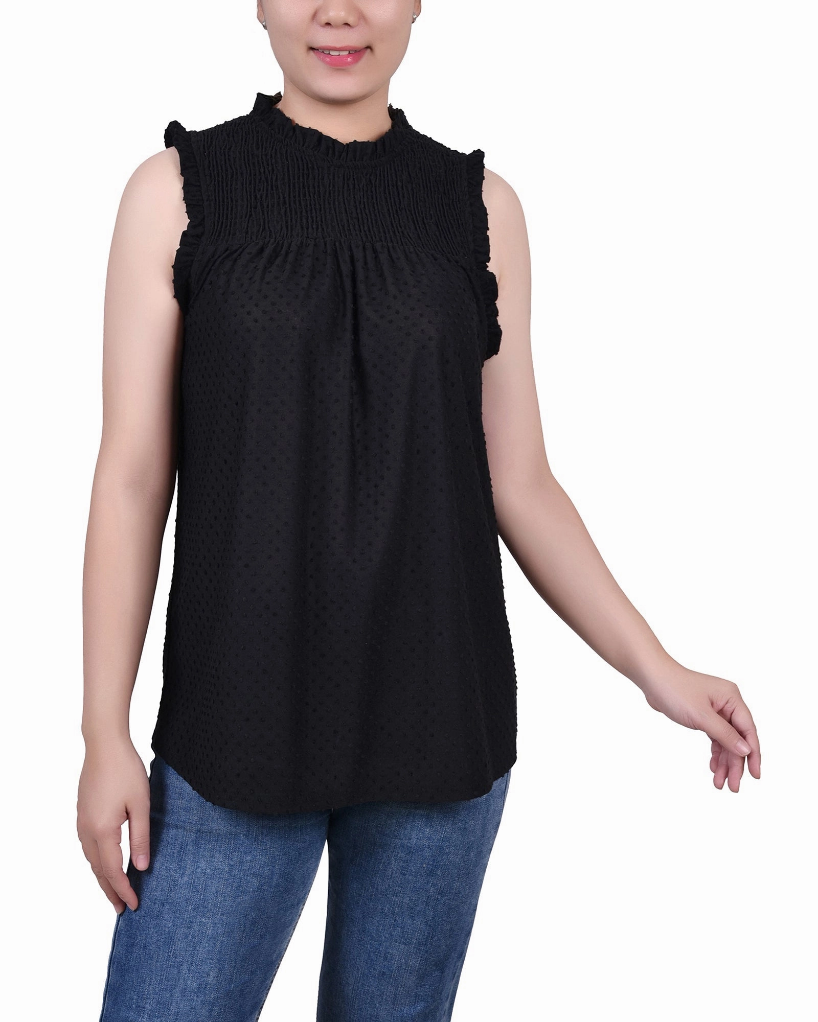 Sleeveless Yoke Top With Ruffles UVProtectionCoating Bamboo Fiber Fabric