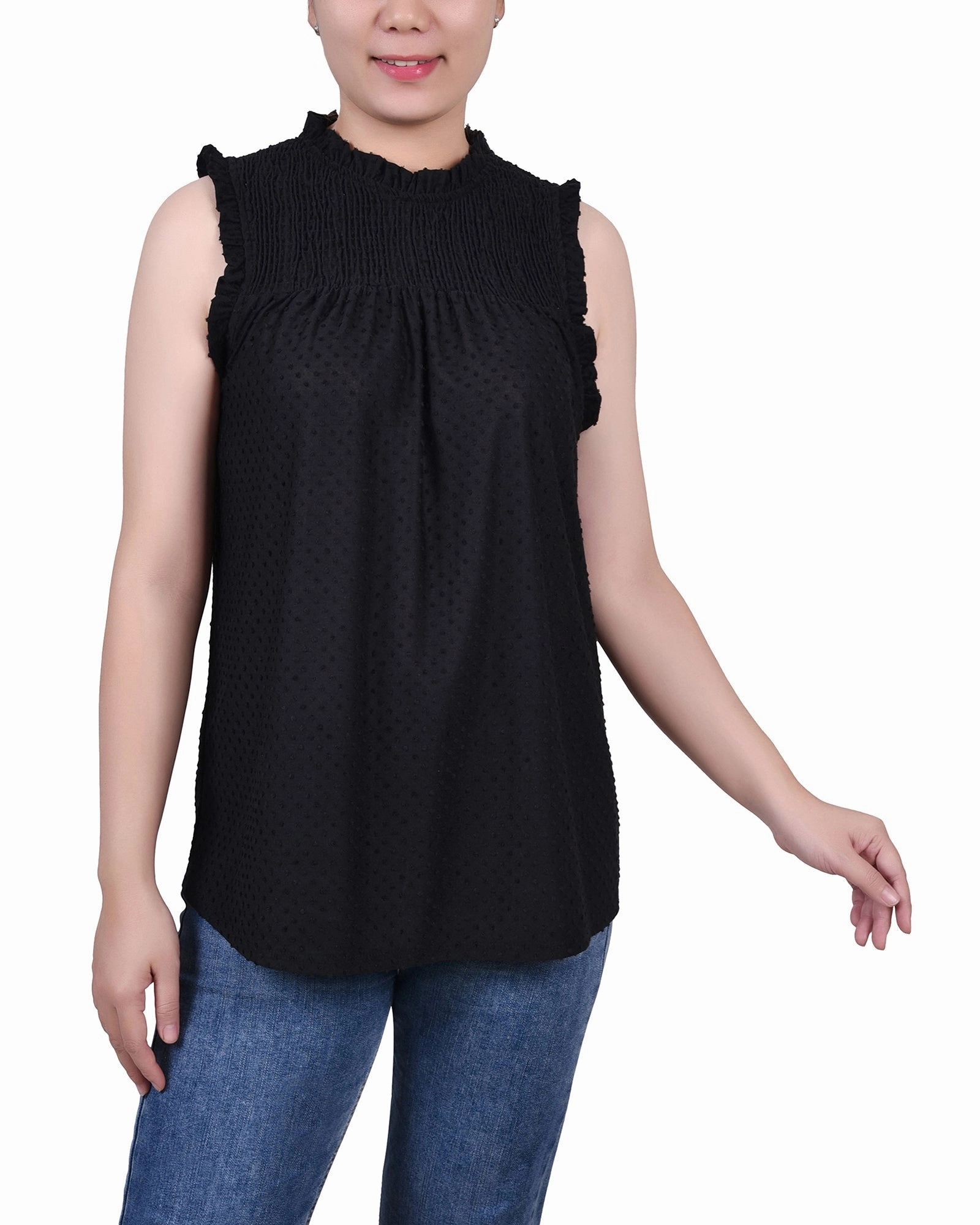 Sleeveless Yoke Top With Ruffles Anti Pilling Fabric NoiseReduciting Zipper