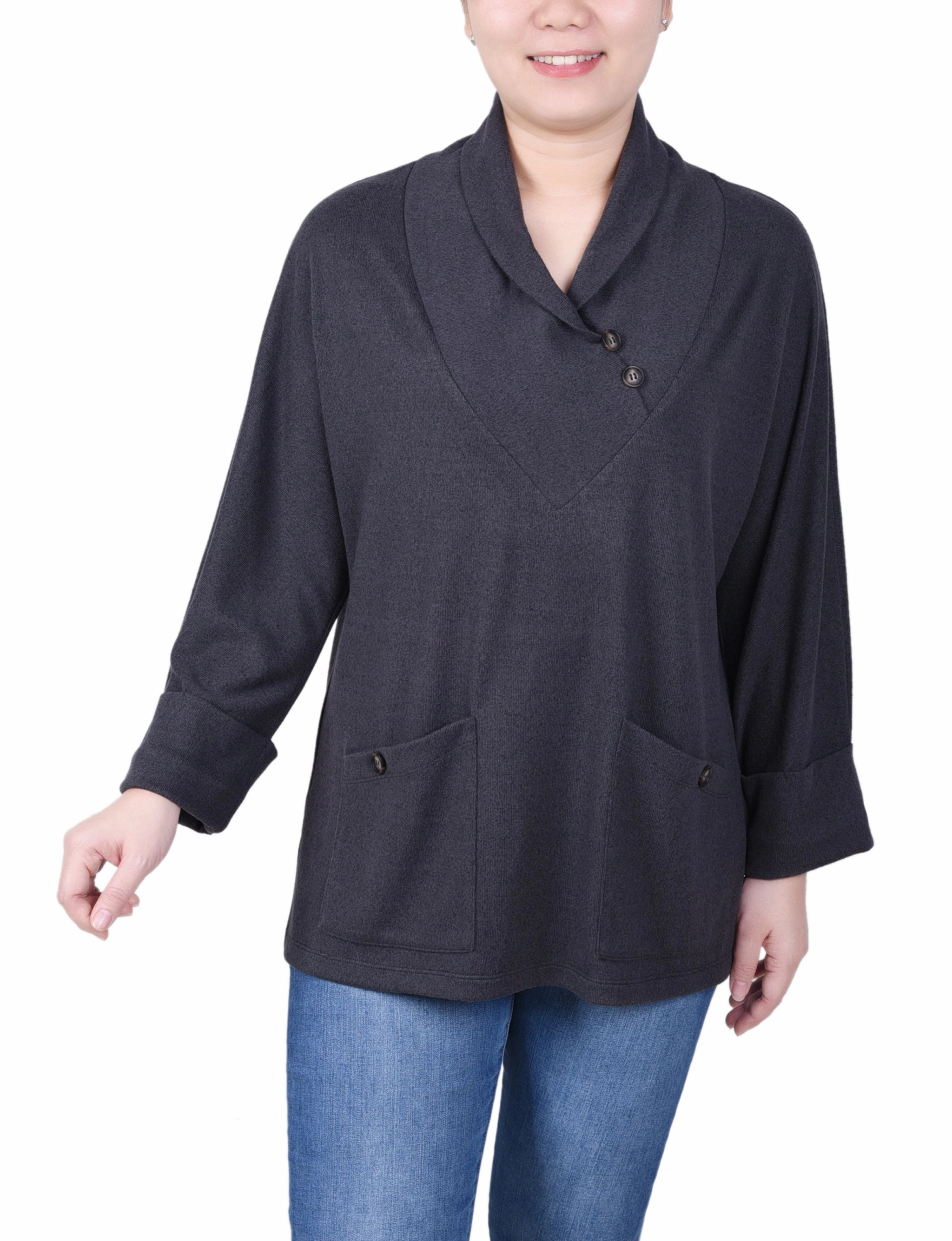 Petite Long Sleeve Shawl Collar Top With Pockets Sustainable Production Methods