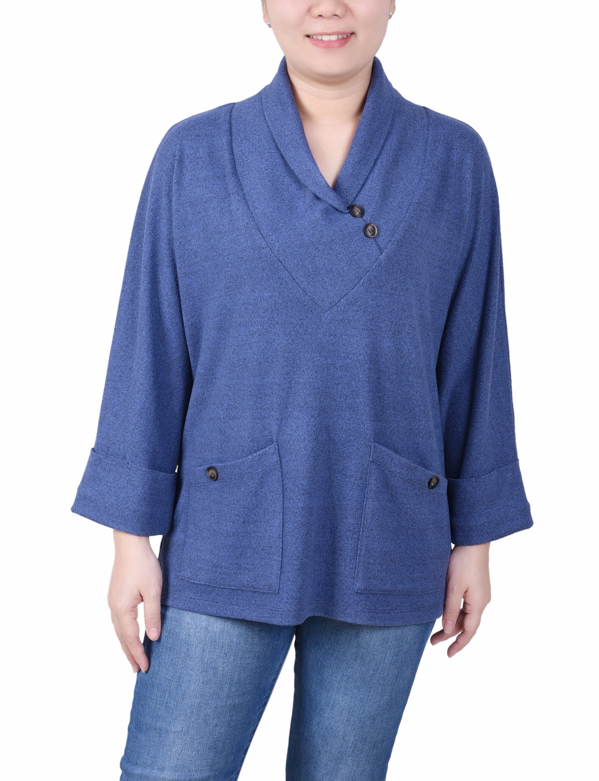 Petite Long Sleeve Shawl Collar Top With Pockets Non Irritating Label Scoop Neck Shape