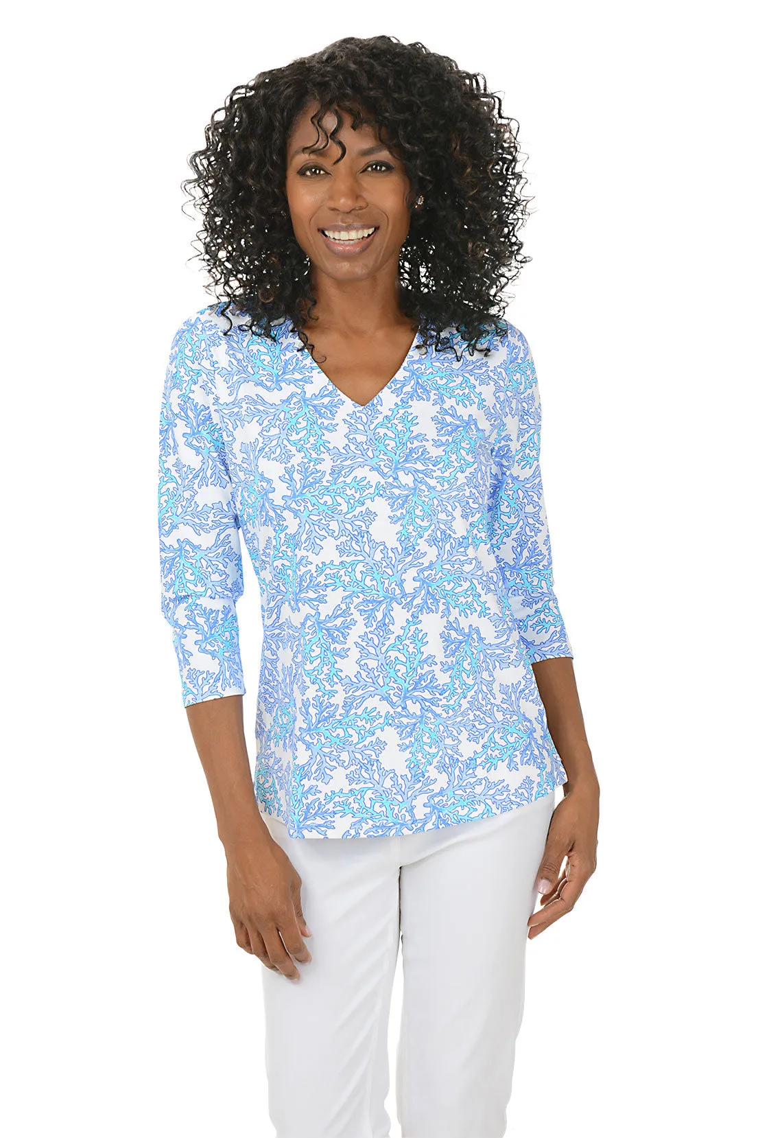 Blue Coral Classic UPF50  V-Neck Top Double Stitched Hem