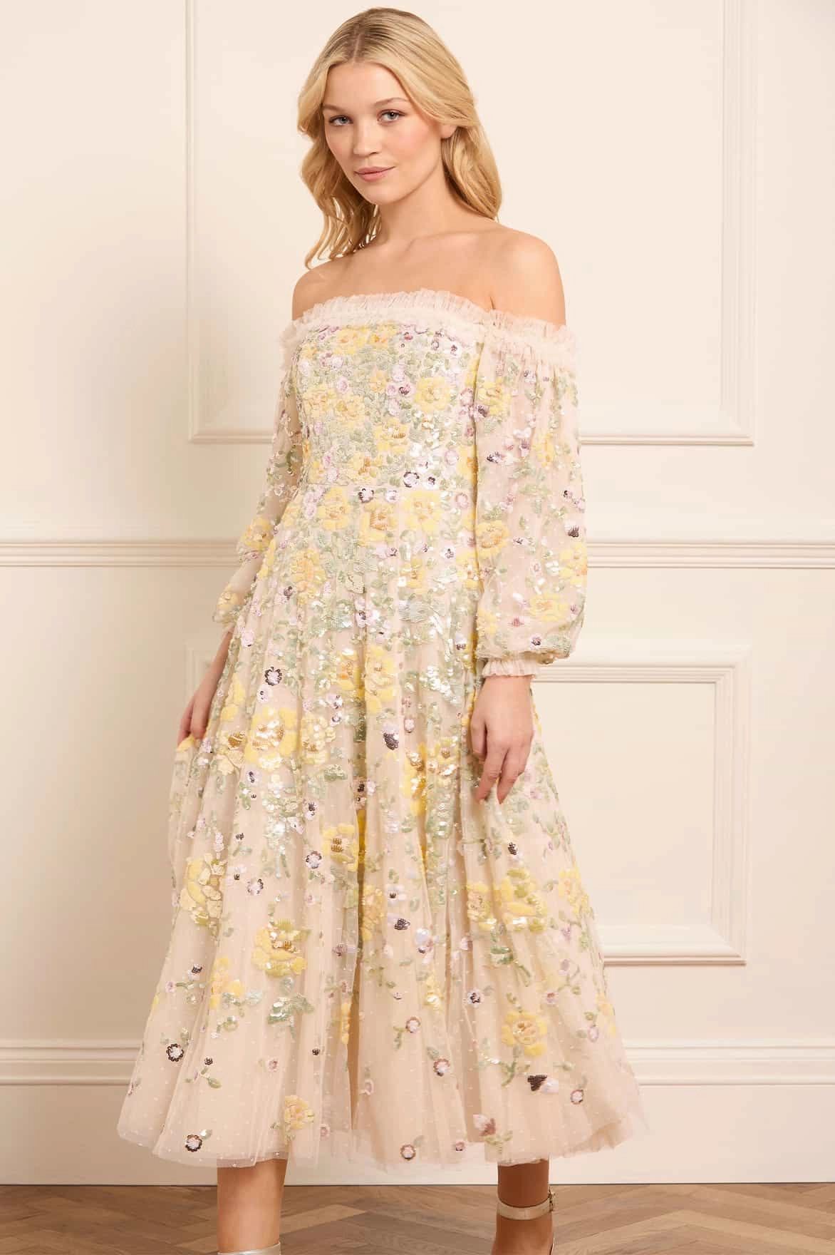 Romantic-Detail Elina Rose Off-Shoulder Ballerina Dress