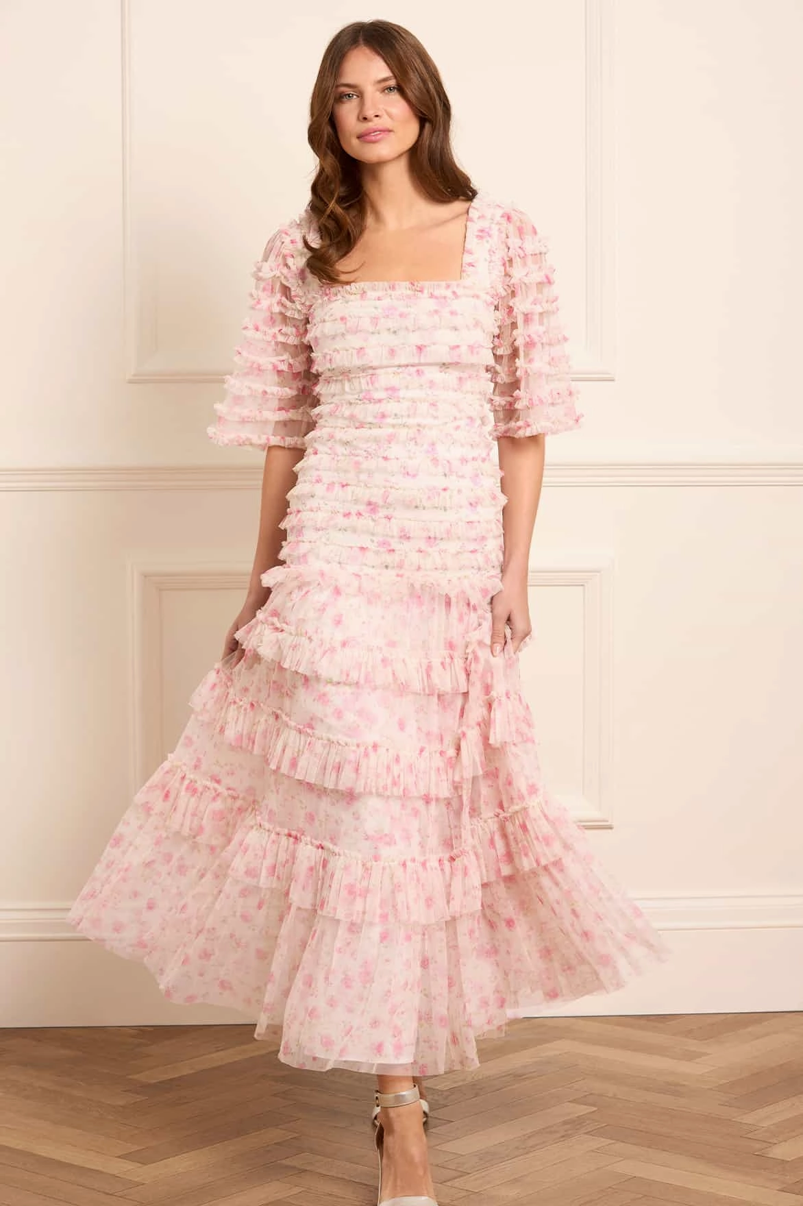 Rose Ditsy Short Sleeve Ankle Gown Dual Tones Flow Sleeve