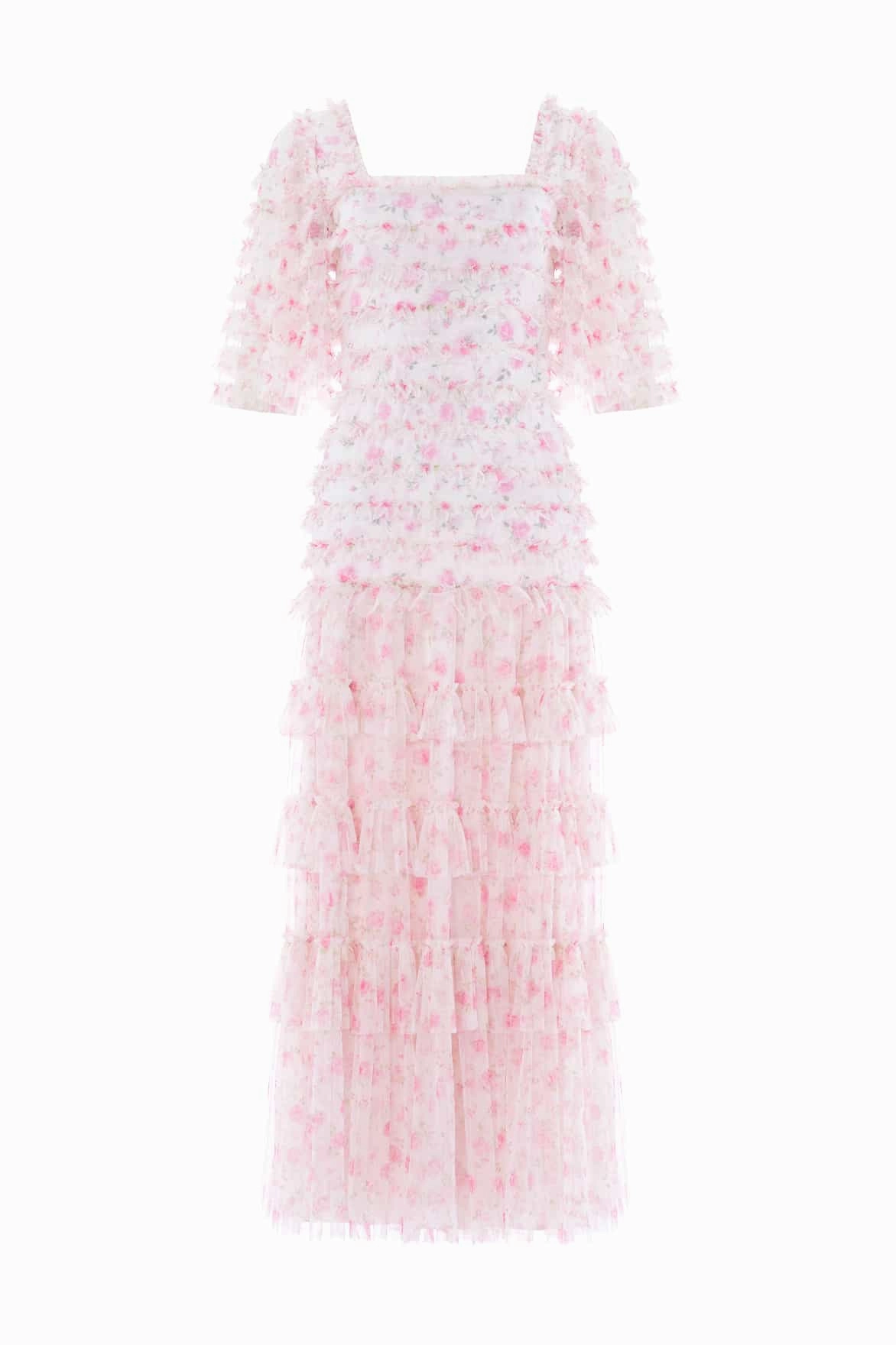 Rose Ditsy Short Sleeve Ankle Gown Drawstring-Waist