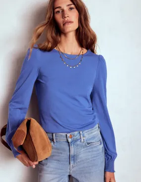 Smocked Cuff Supersoft Top-Denim Blue Unstructured Silhouette StaticResistantFabric