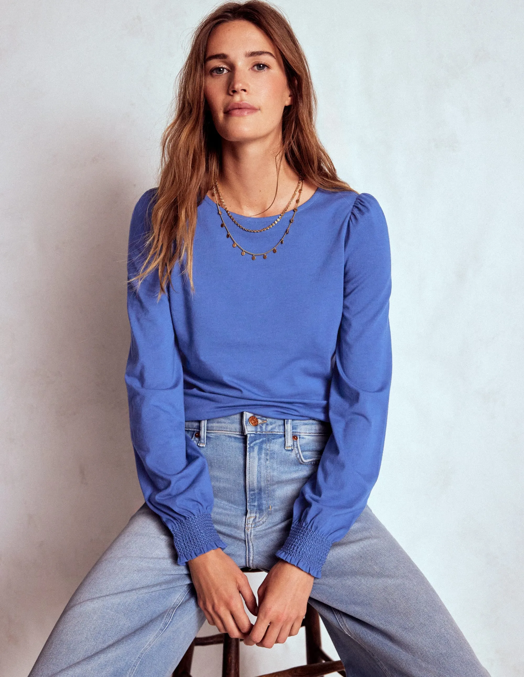 NonRestrictive Fit casual top Smocked Cuff Supersoft Top-Denim Blue