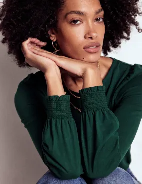 MultiPocket Design Mesh Lining Smocked Cuff Supersoft Top-Green Pine