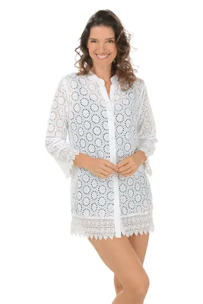 Reflective Accent Stripes FadeResistant Dye Eyelet Lace Button-Front Cover-Up