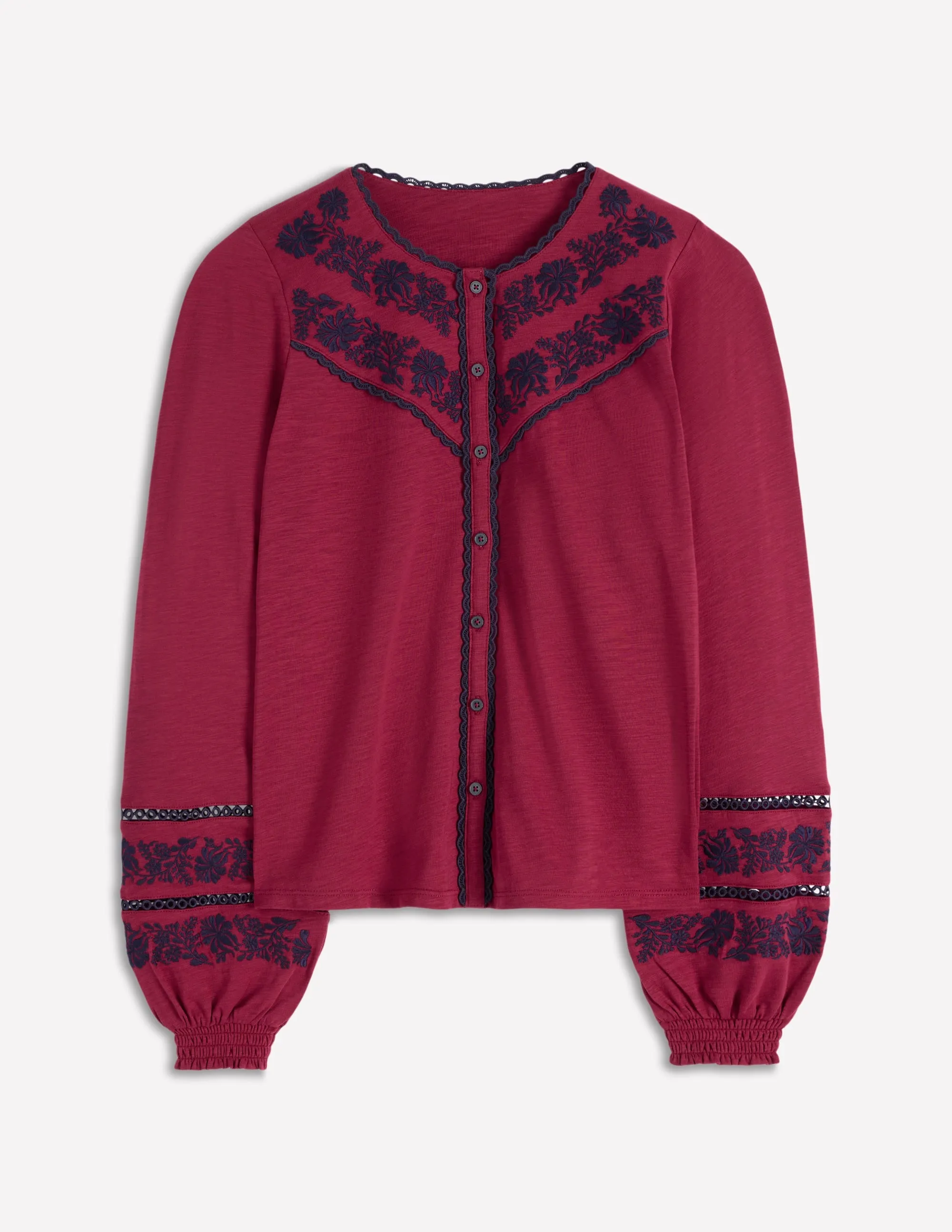 Trim Detail Jersey Shirt-Rumba Red, Navy Emb WrinkleFree Finish