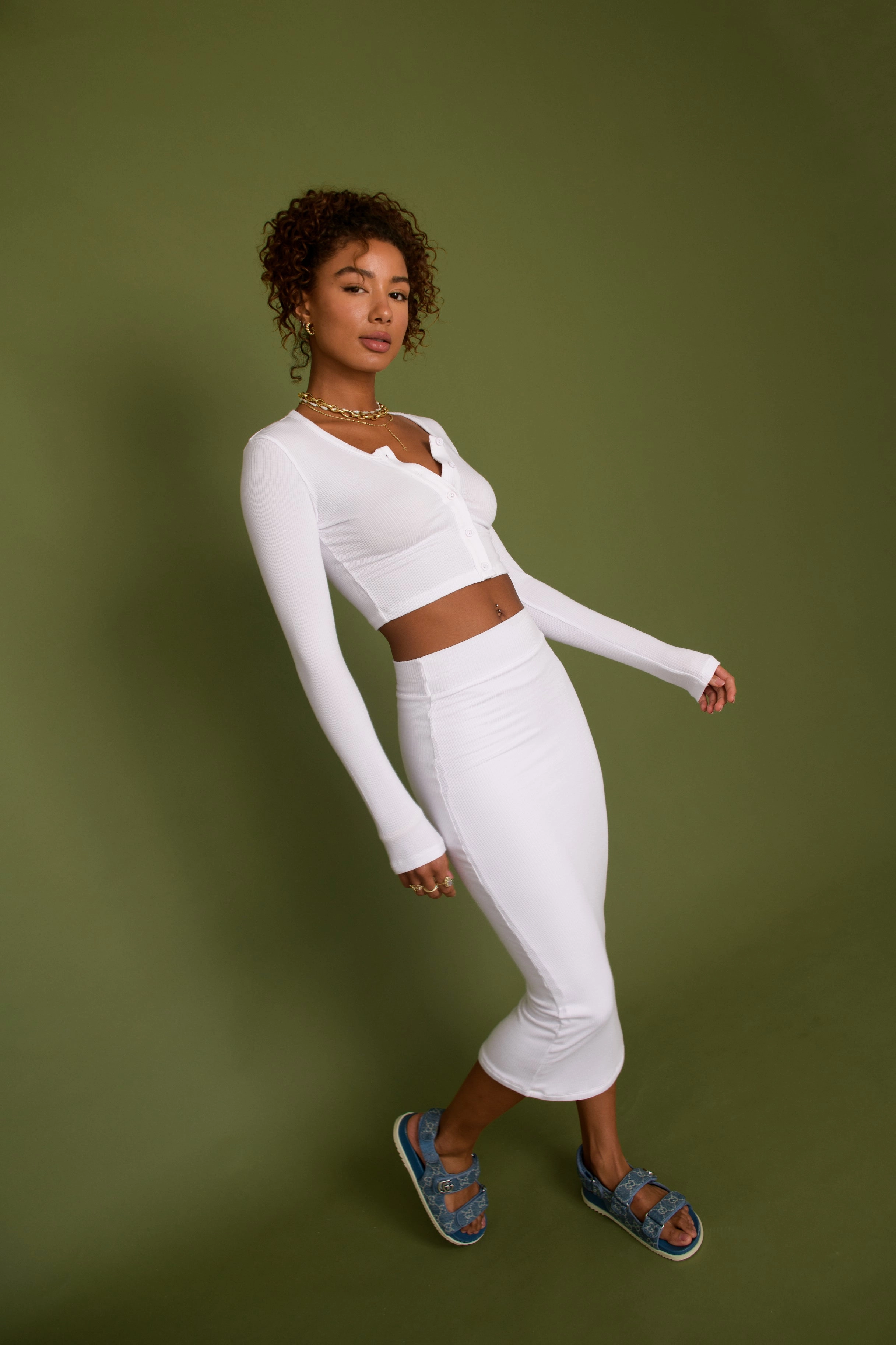 Serena Skirt Ribbed - White Rolled Hem