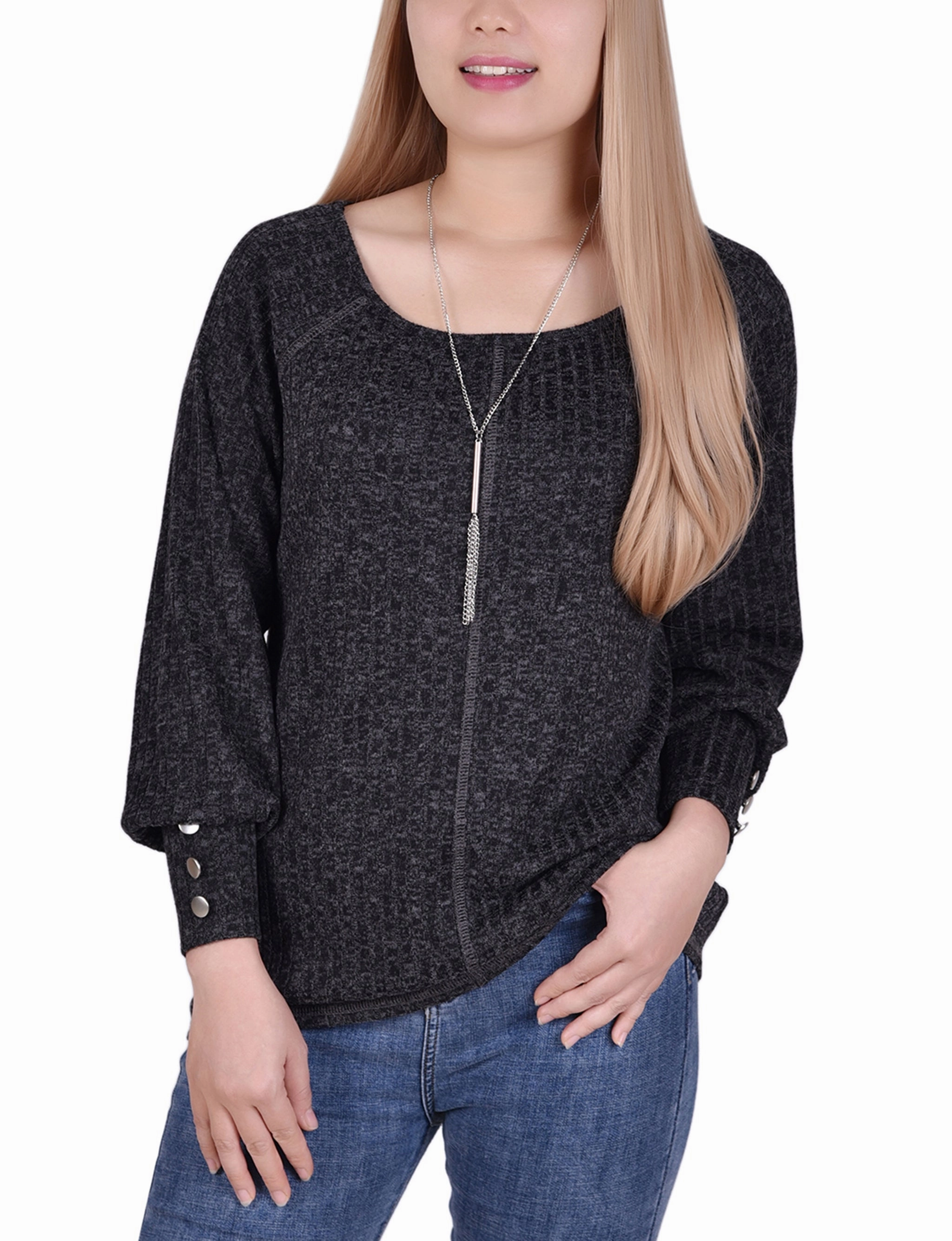 RibbedHemline Petite Long Sleeve Ribbed Top With Detachable Necklace