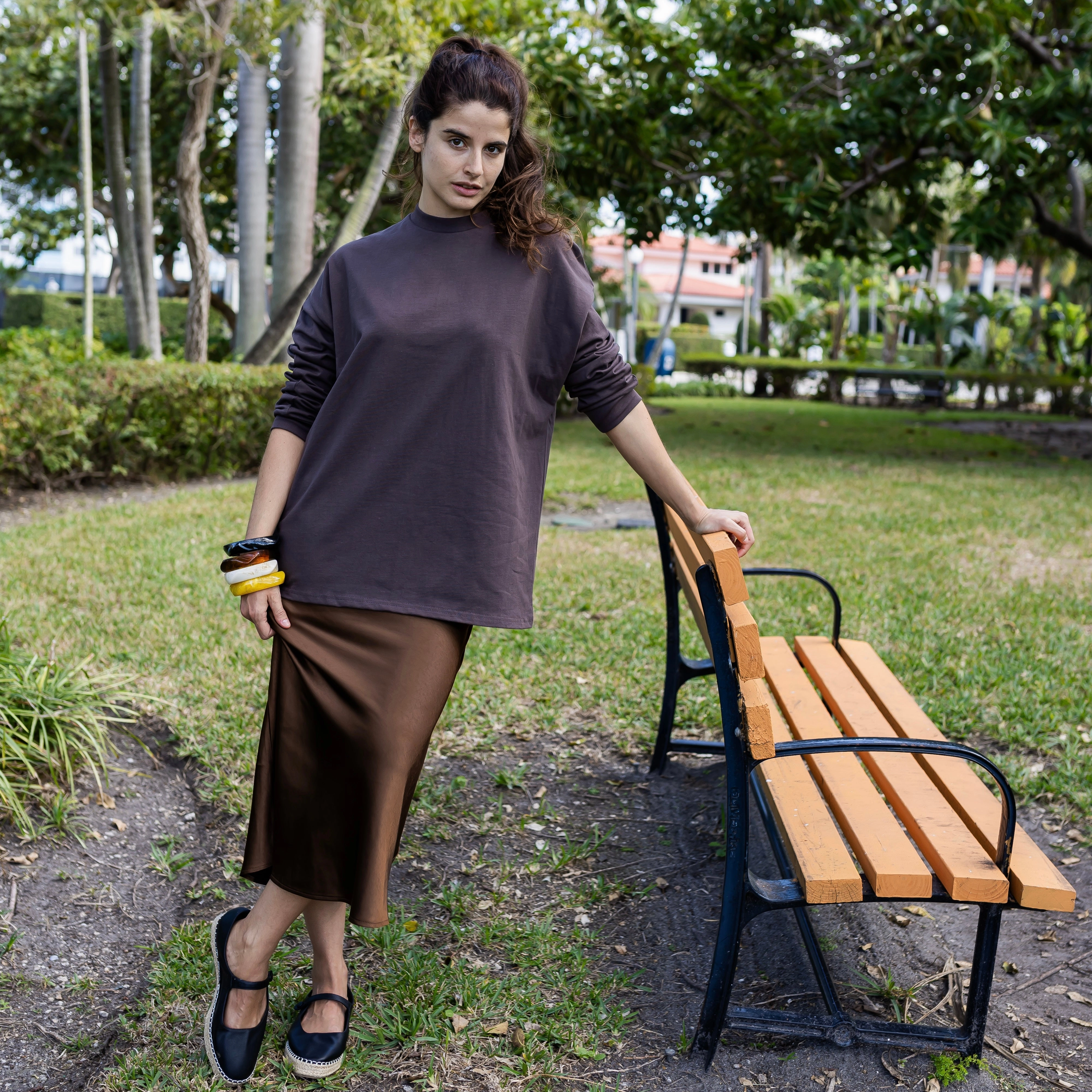 Everyday Comfort Button Details Midi Slip Skirt | Chocolate