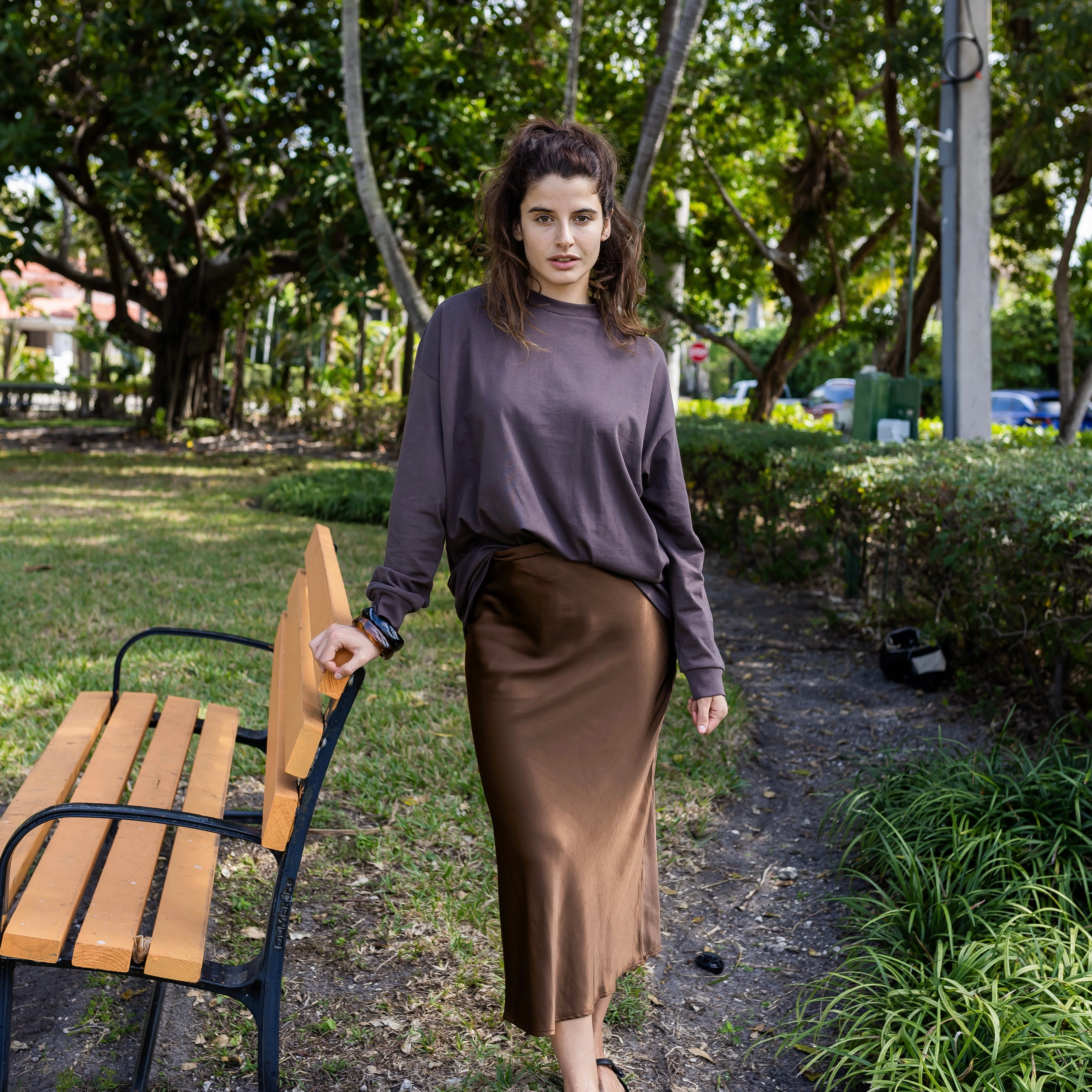 Midi Slip Skirt | Chocolate Split hem Water Repellent