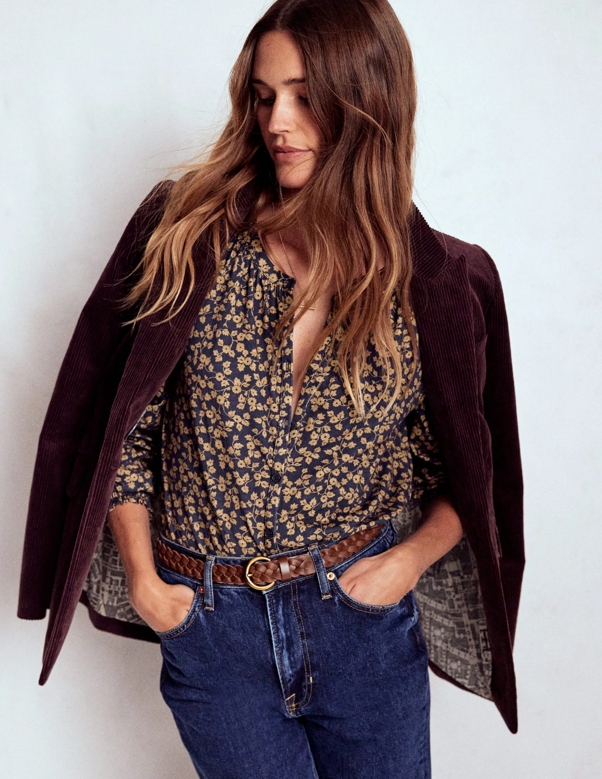 Isla Long Sleeve Jersey Shirt-Hazelnut Brown, Delicate Vine AllDayComfort